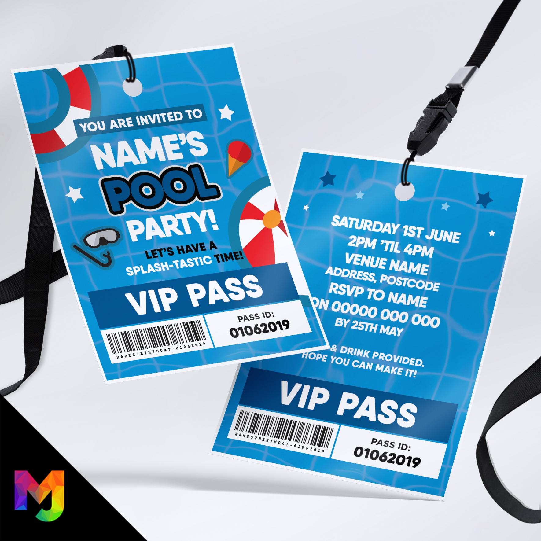 Personalised pool swimming party style VIP pass & lanyard Invitations Invites