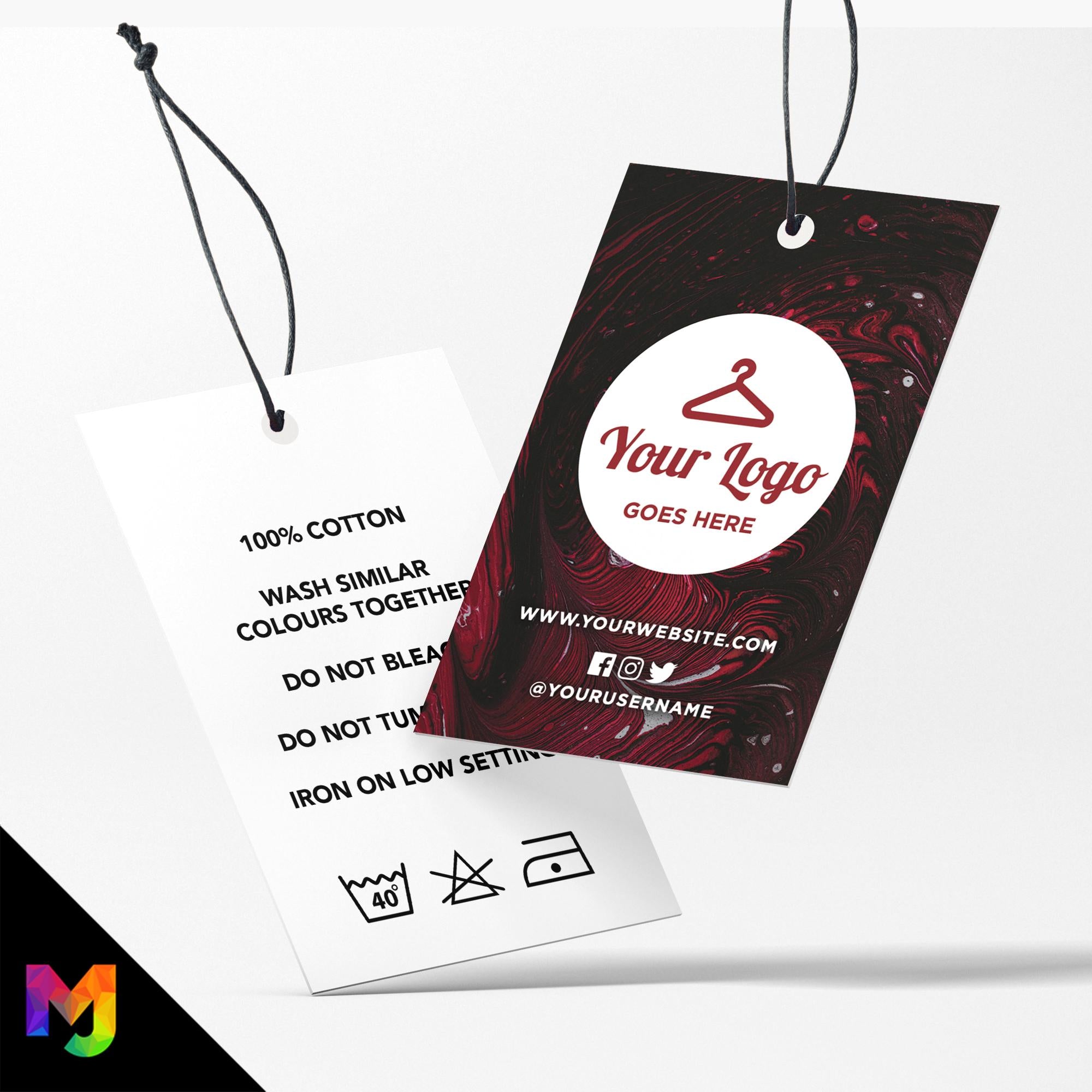Custom printed clothing swing tags cards | Red black swirl abstract style design 1