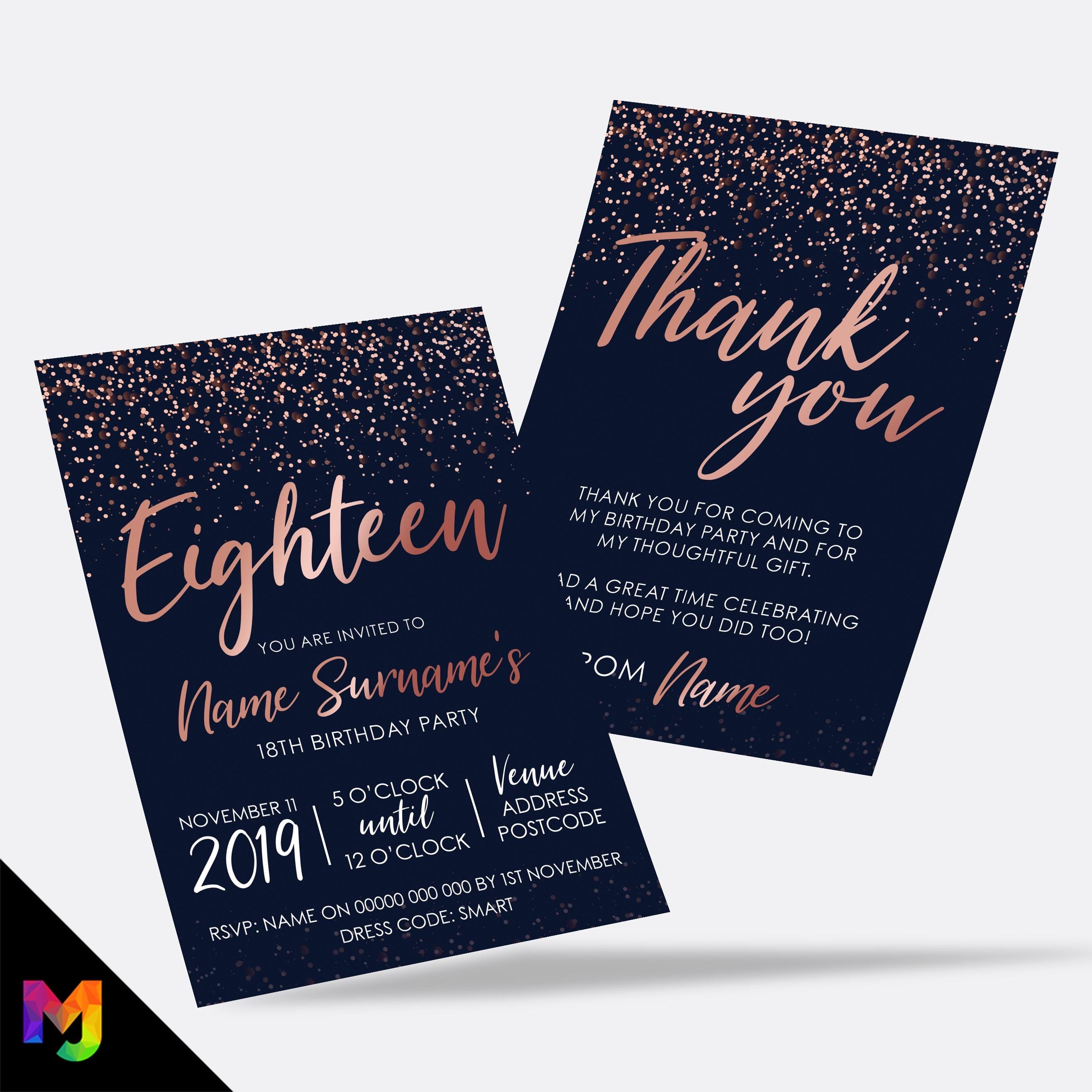 Personalised 18th birthday party Invitations Invites | Navy rose gold glitter style modern design