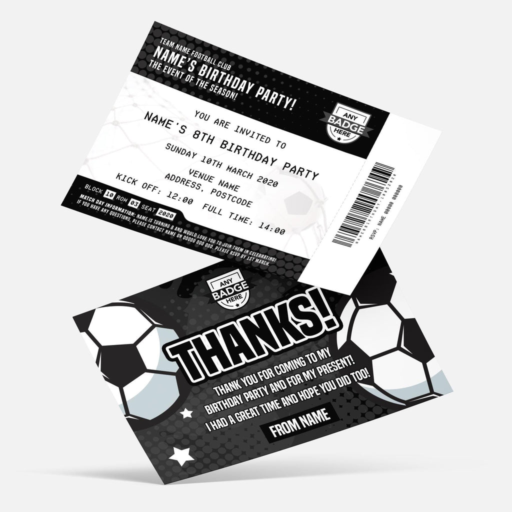 Personalised football ticket style Invitations Invites + thank you cards | Any team and colours!
