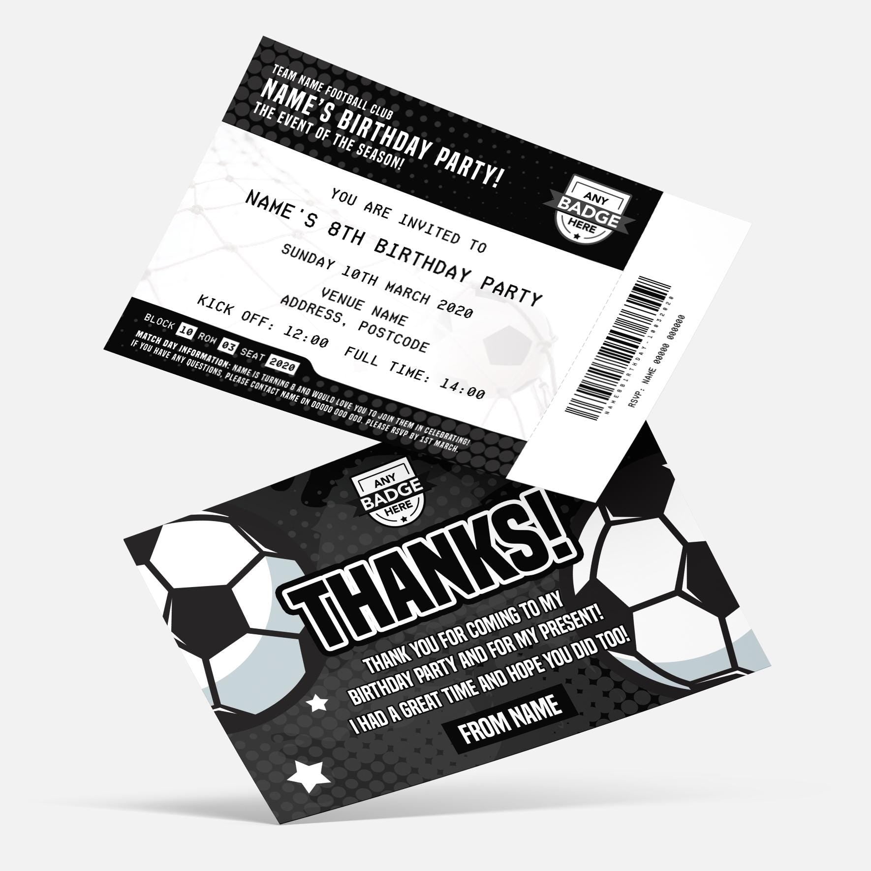 Personalised football ticket style Invitations Invites + thank you cards | Any team and colours!