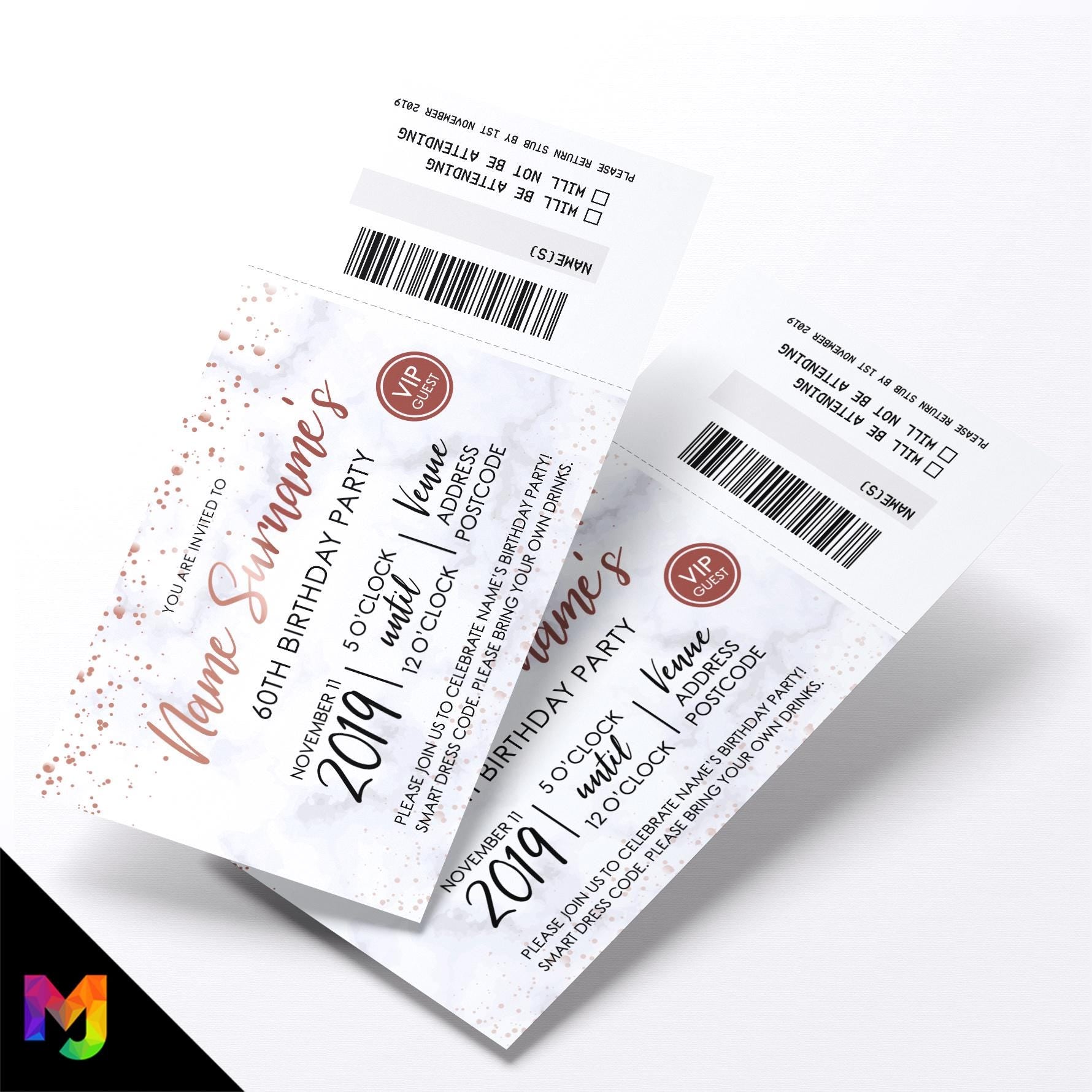 Personalised 60th birthday party marble rose gold glitter ticket style Invitations Invites | Perforated | Any age!