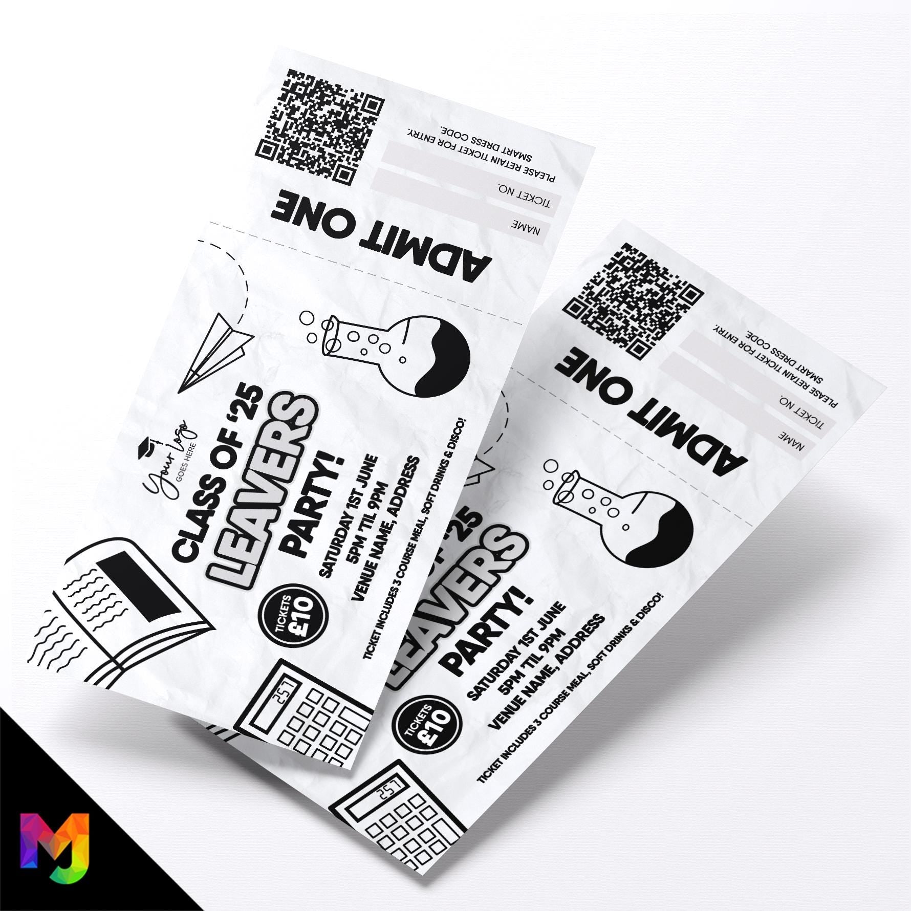 Custom printed school leavers party tickets | Perforated stubs | White design student prom leaving parties Class of 2025