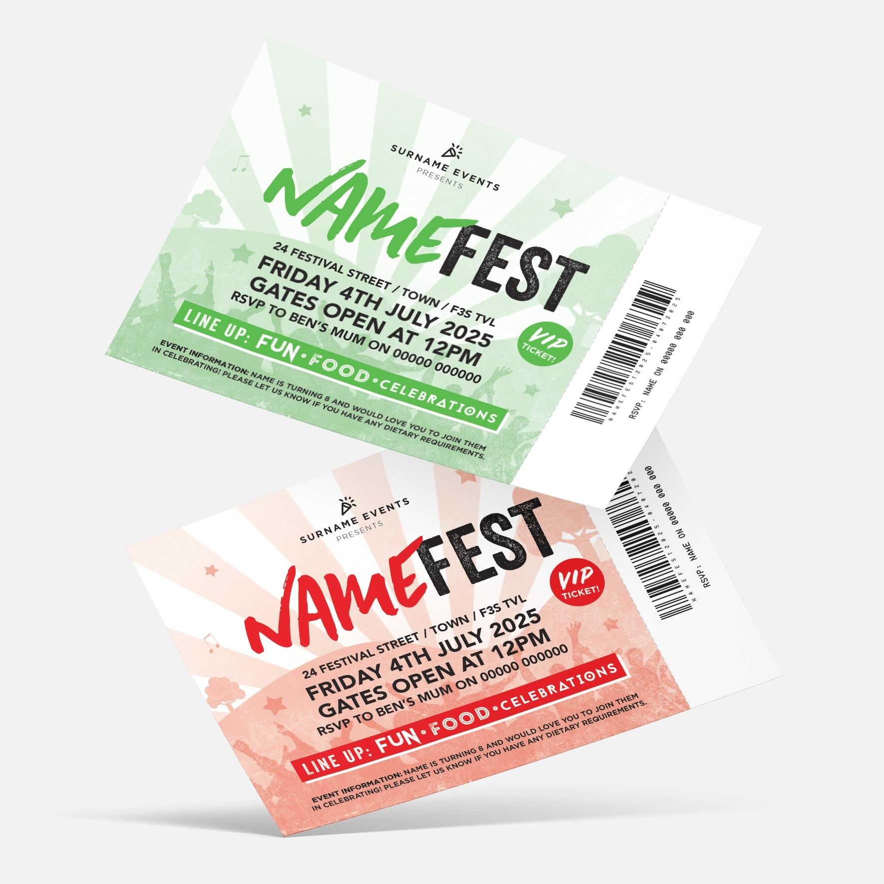 Personalised festival ticket style Invitations Invites