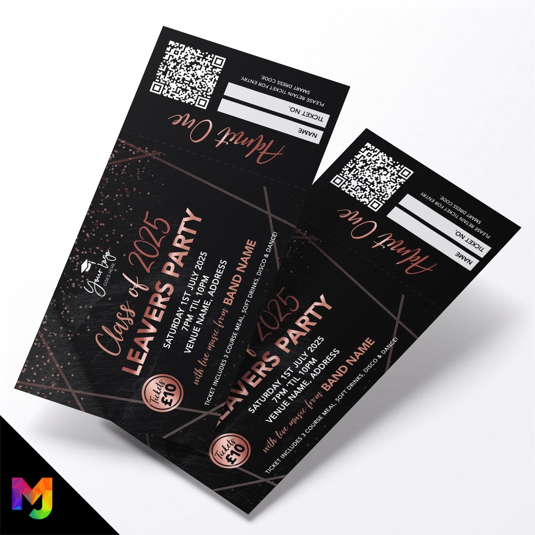 Custom printed school leavers party tickets | Perforated stubs | Black marble rose gold school student prom leaving party Class of 2025