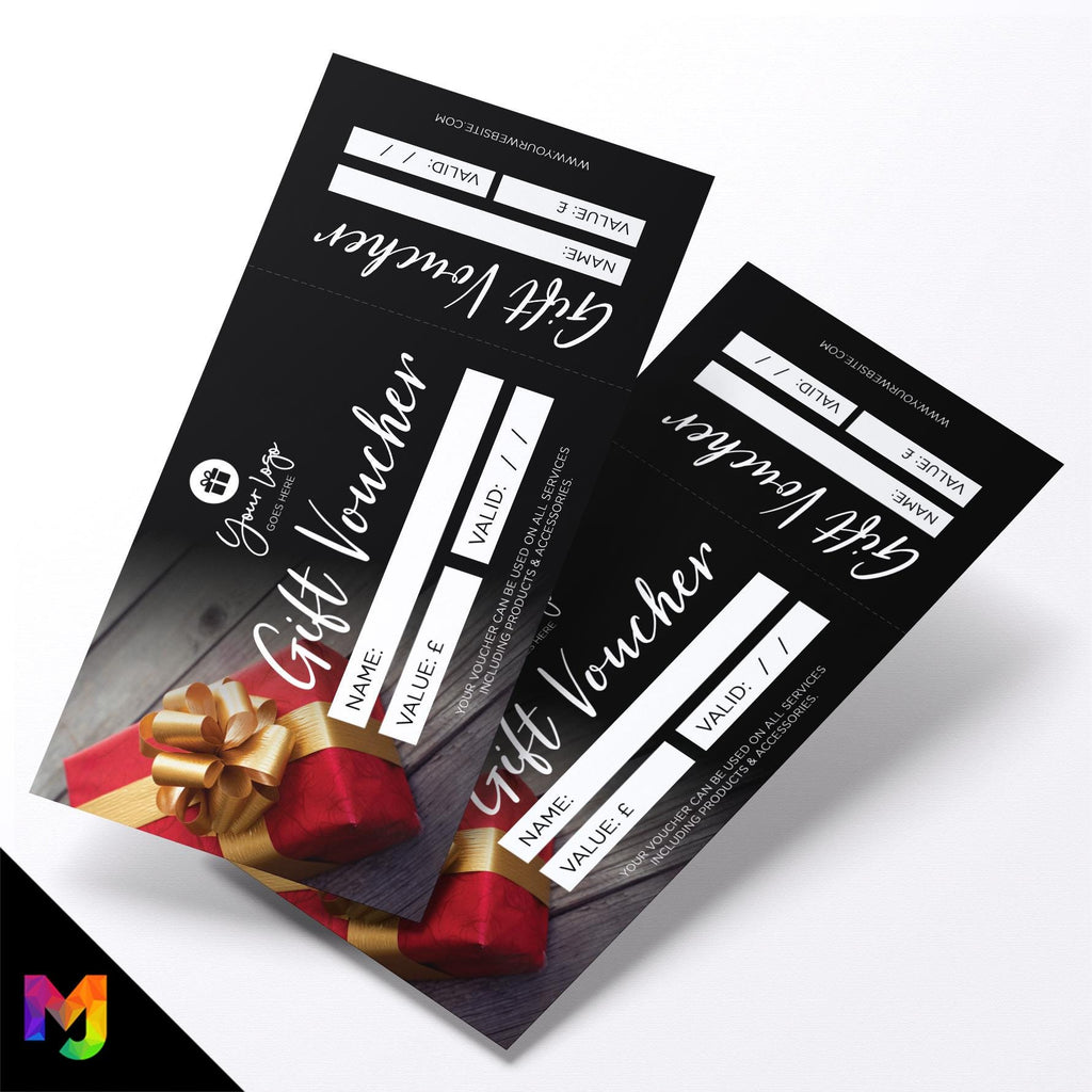 Custom printed gift vouchers | Perforated stubs | Present Gift Box Design Red Gold Black Elegant 4