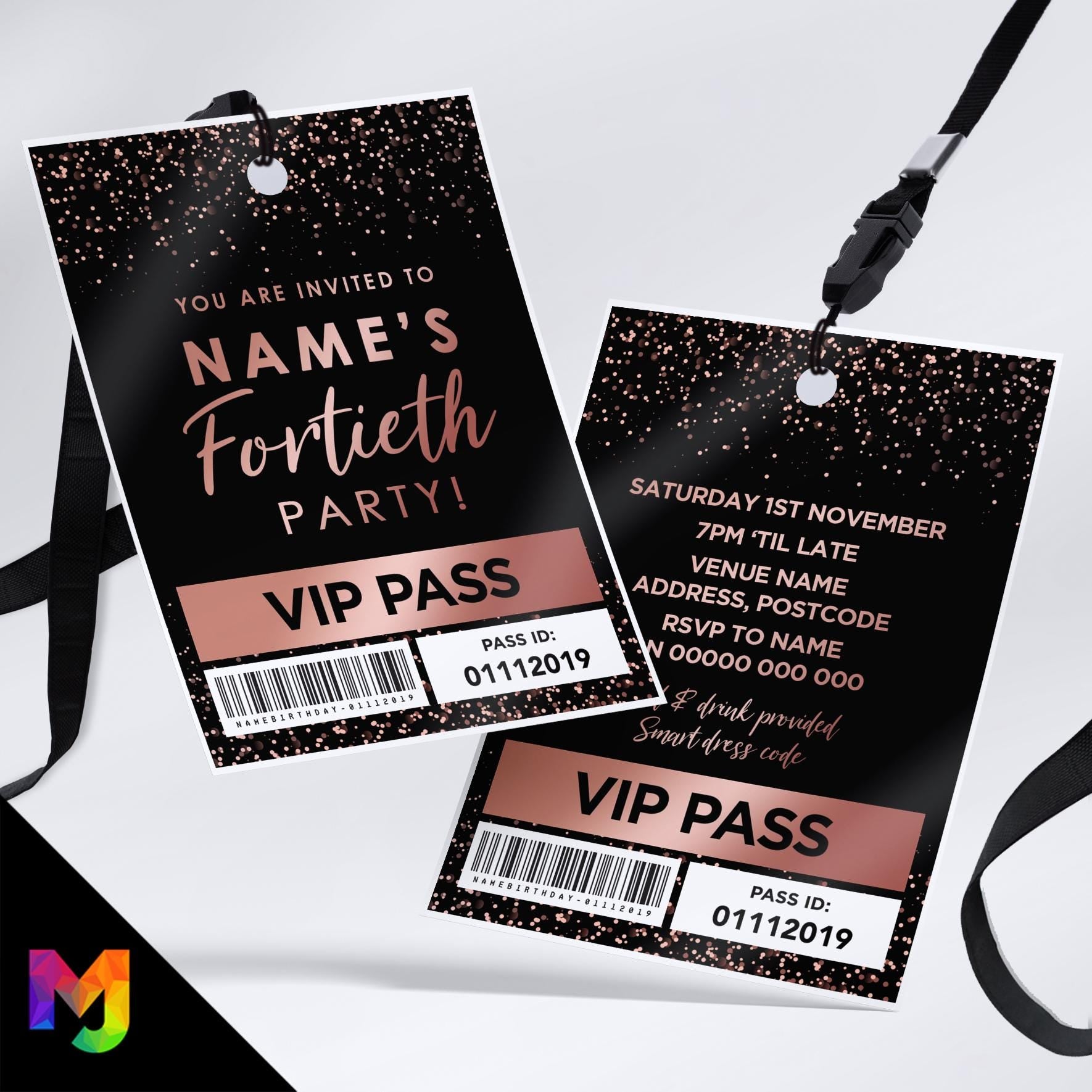 Personalised 40th birthday style VIP pass & lanyards | Rose gold black glitter design | ANY AGE!