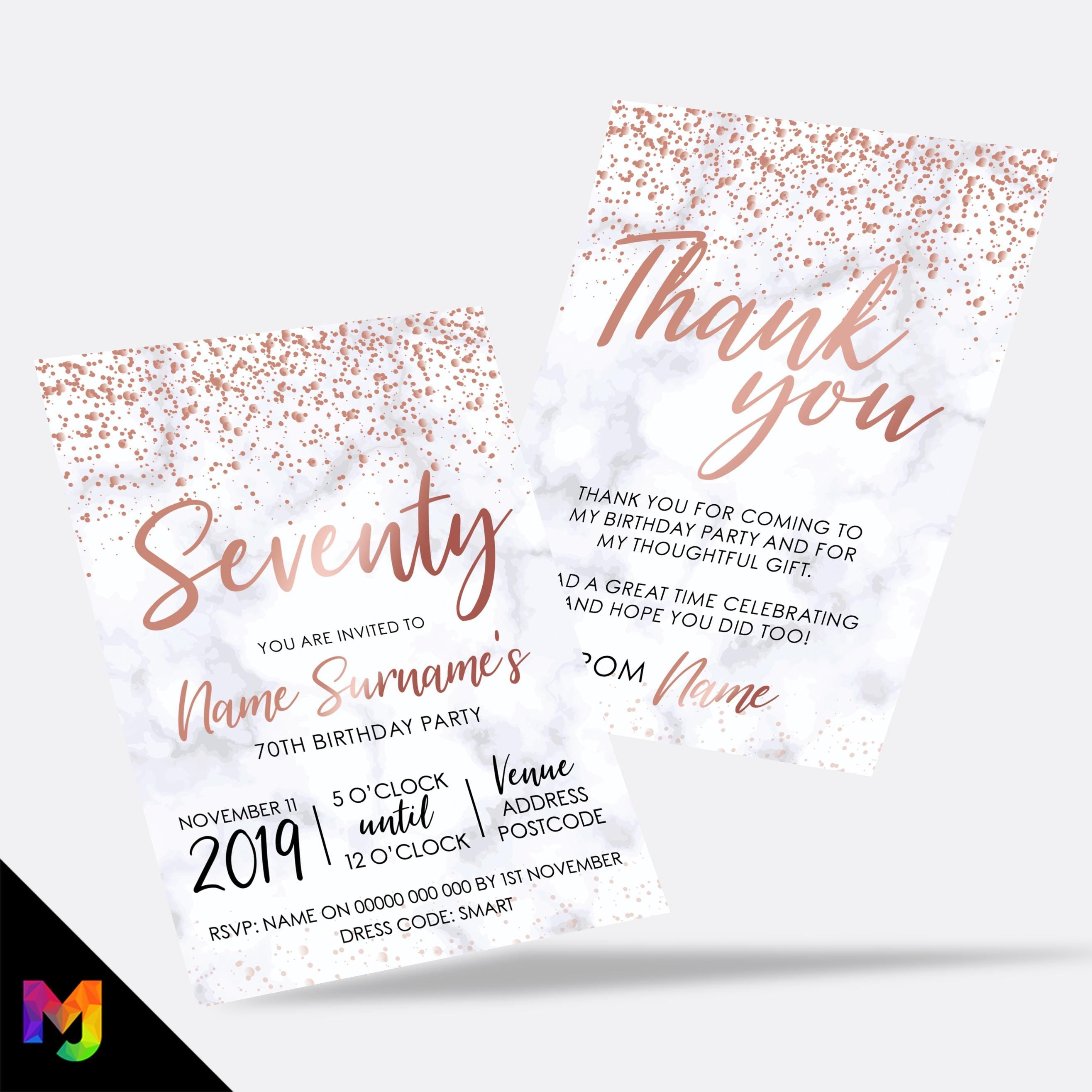 Personalised 70th birthday party Invitations Invites | Marble rose gold glitter modern design
