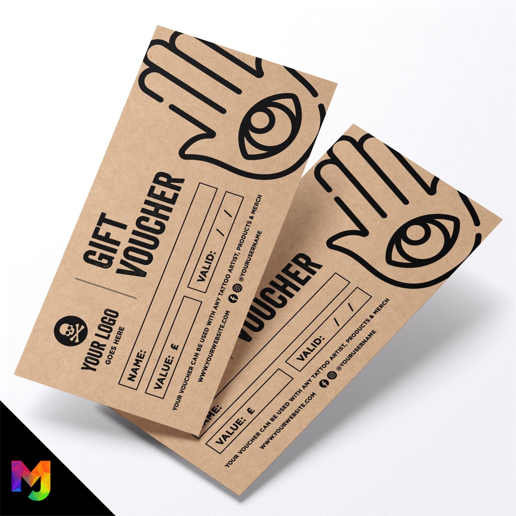Custom printed kraft gift vouchers | Eco-friendly recycled | Tattoo studio tattooist artist piercing body art trad 2