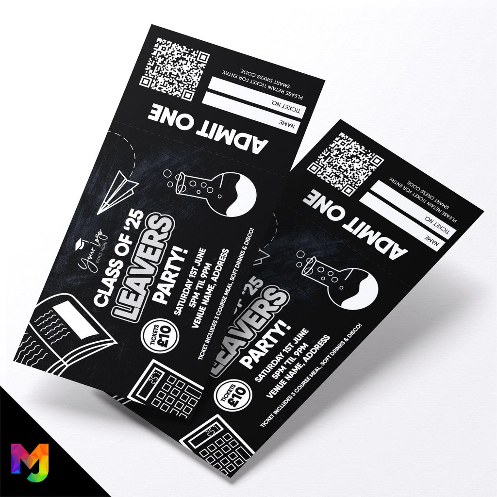 Custom printed school leavers party tickets | Perforated stubs | Black design student prom leaving parties Class of 2025