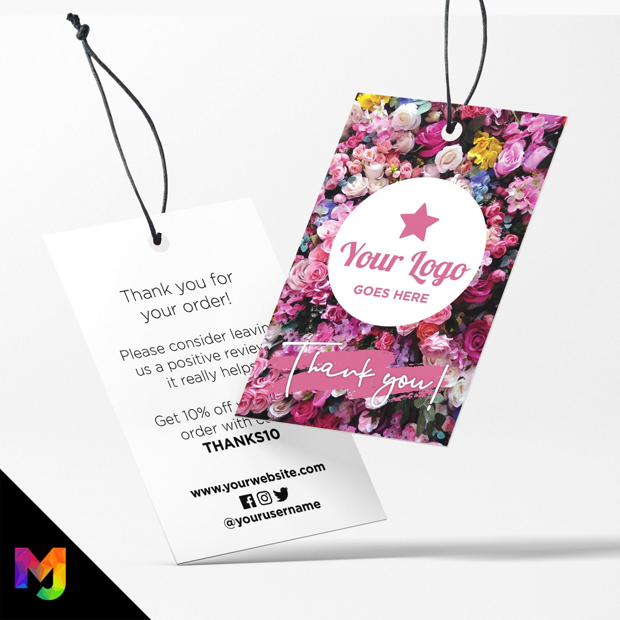 Custom printed thank you swing tags cards | Pink purple bright bouquet floral flowers feminine design