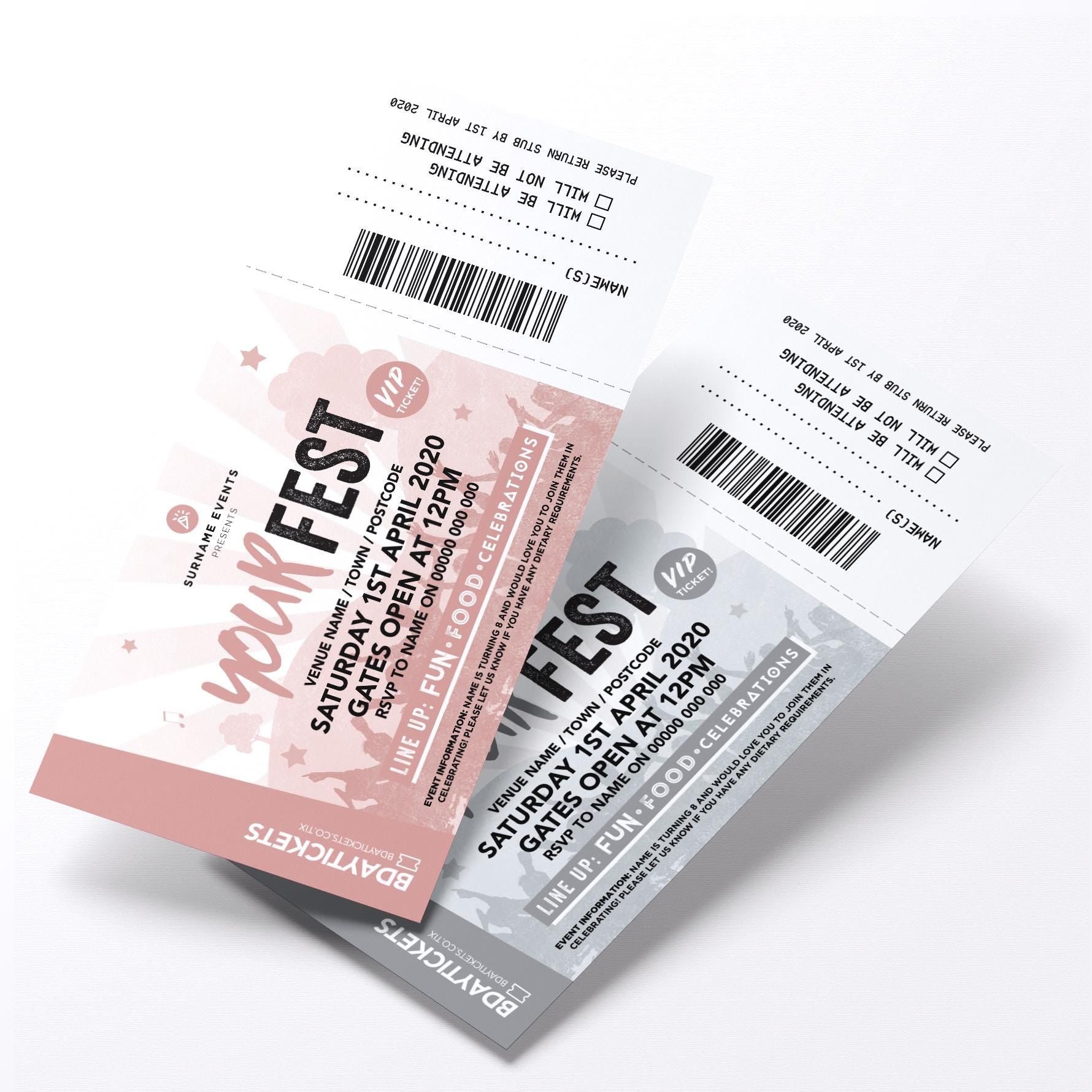 Personalised festival VIP ticket style party Invitations Invites | Perforated stubs