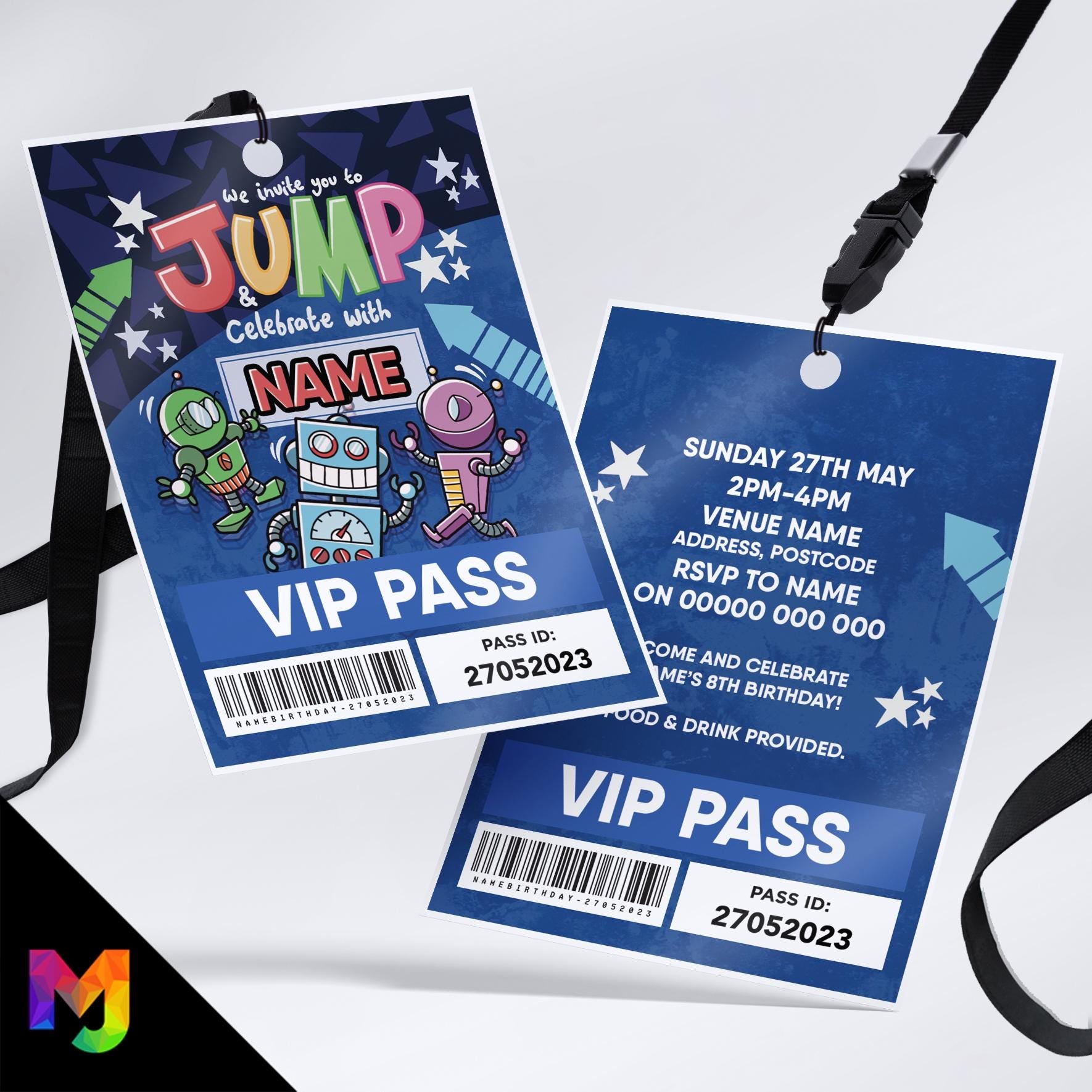 Personalised bounce jump trampoline sports activity party style VIP pass & lanyards