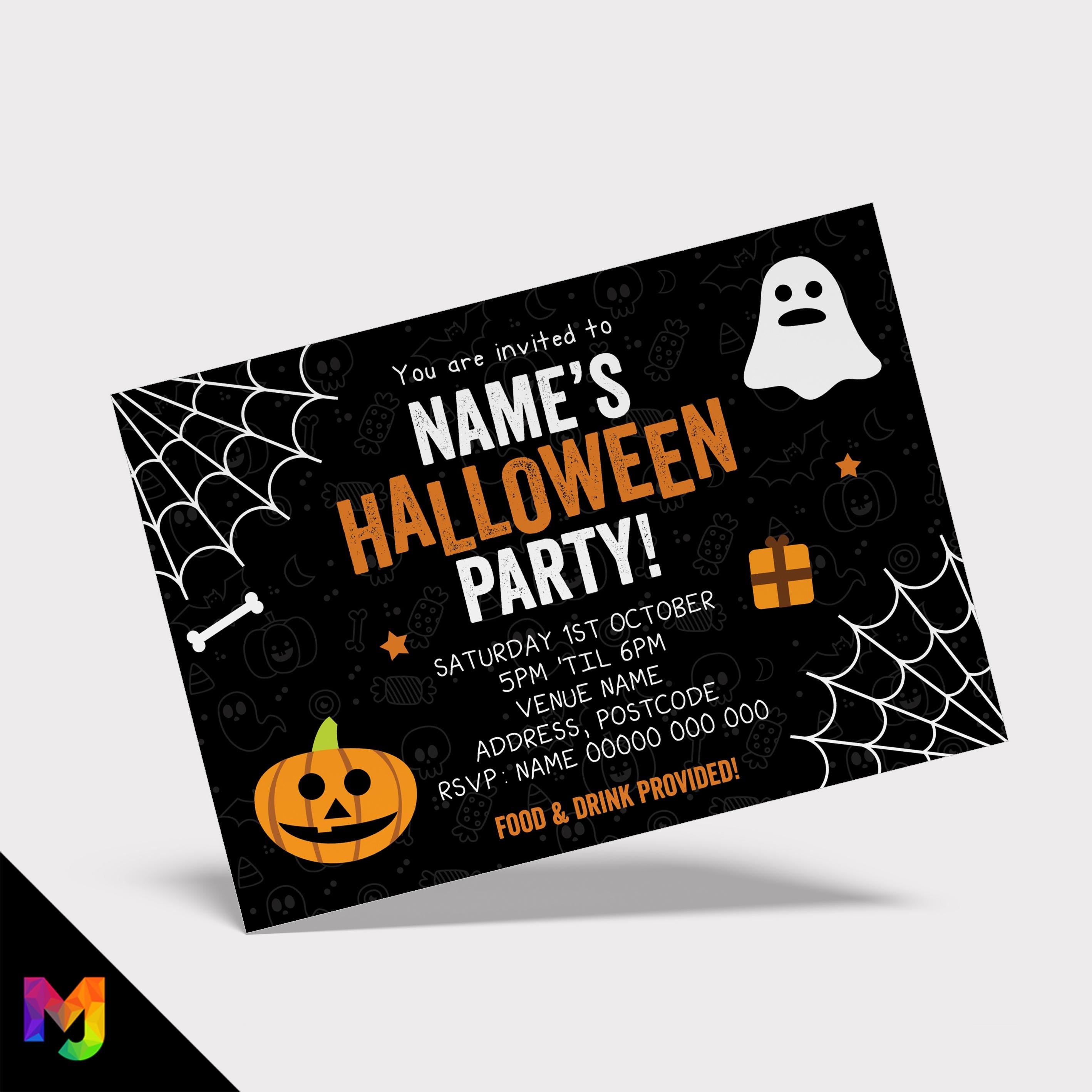 Personalised Halloween party ticket style invitations | Cute kids cobwebs ghost pumpkin bones spooky characters friends family fun
