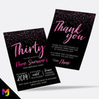 Personalised 30th birthday party Invitations Invites | Black hot pink glitter style modern design
