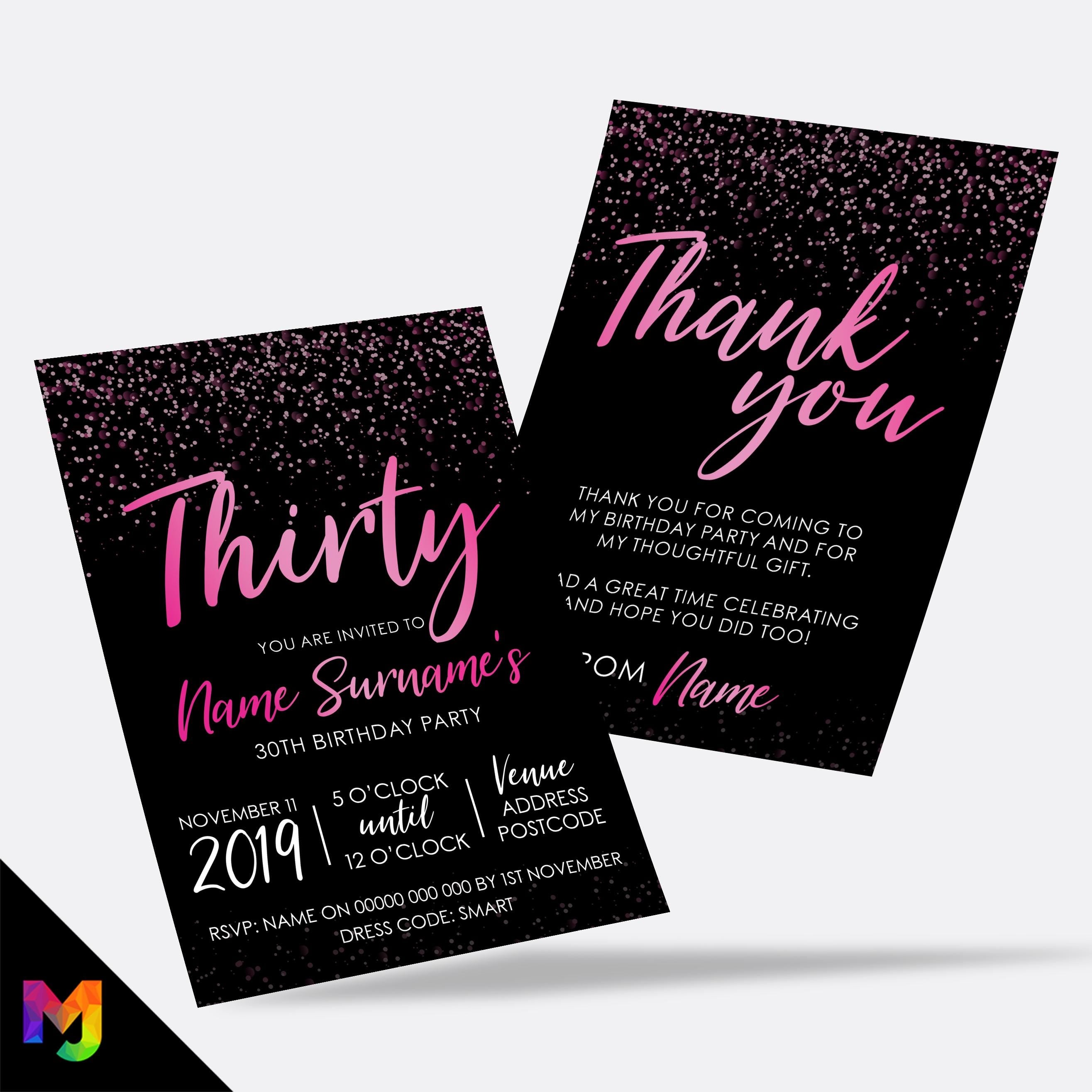 Personalised 30th birthday party Invitations Invites | Black hot pink glitter style modern design
