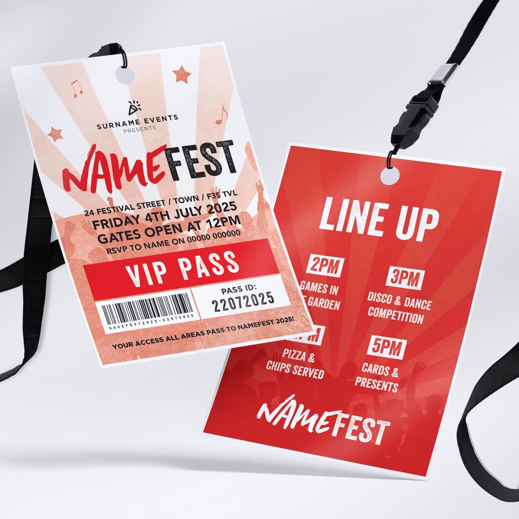Personalised festival style VIP pass & lanyard Invitations Invites | Any colour | Music summer fest