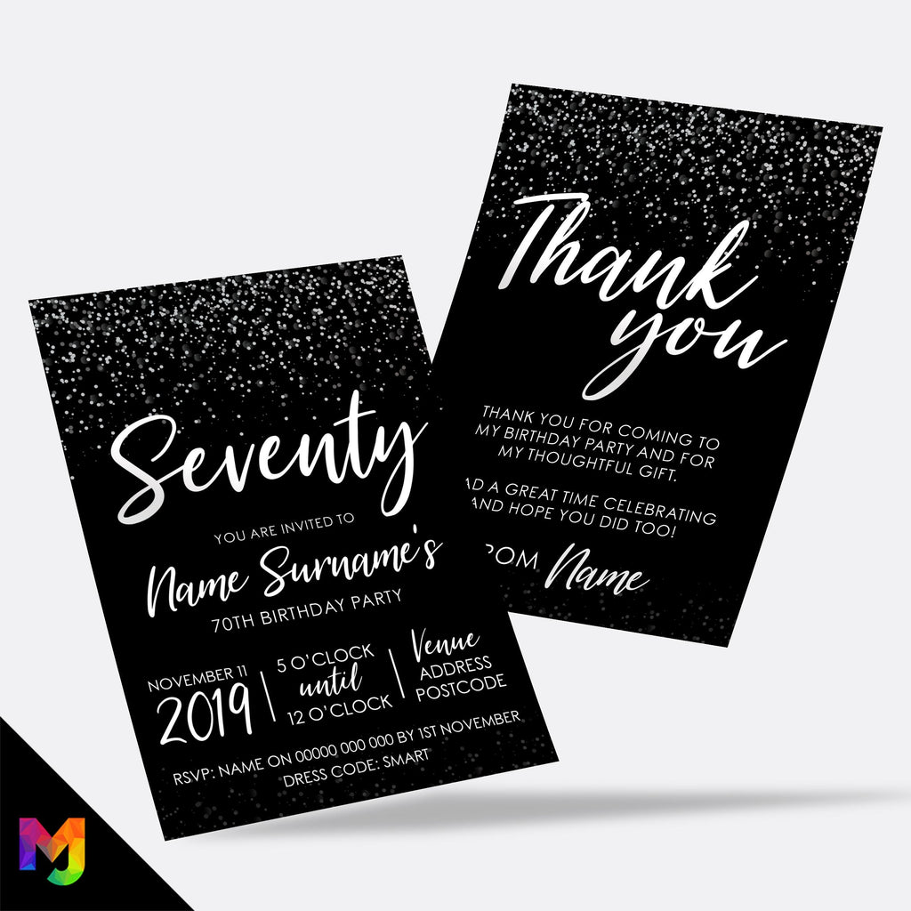 Personalised 70th birthday party Invitations Invites | Black white silver glitter modern design