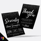 Personalised 70th birthday party Invitations Invites | Black white silver glitter modern design