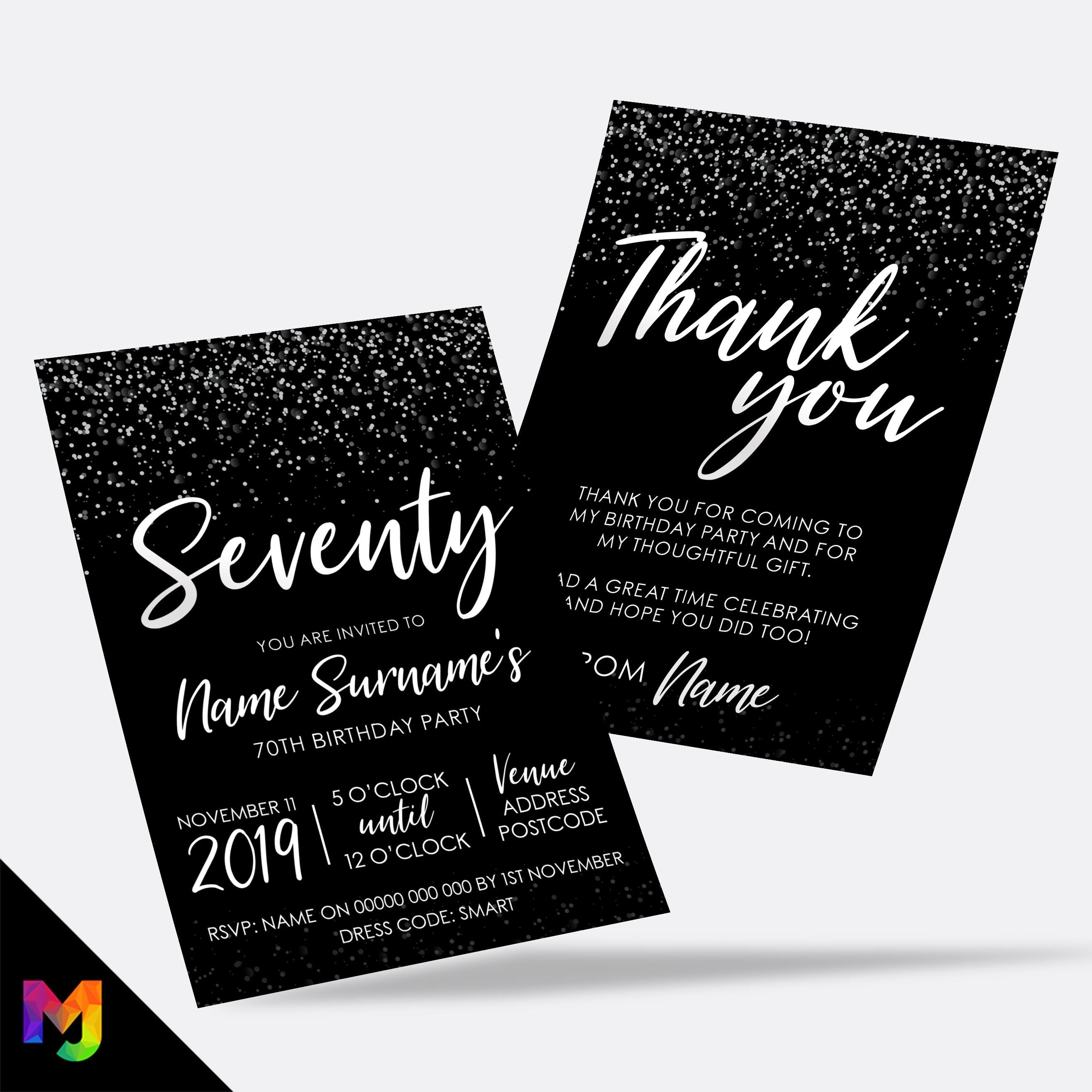Personalised 70th birthday party Invitations Invites | Black white silver glitter modern design