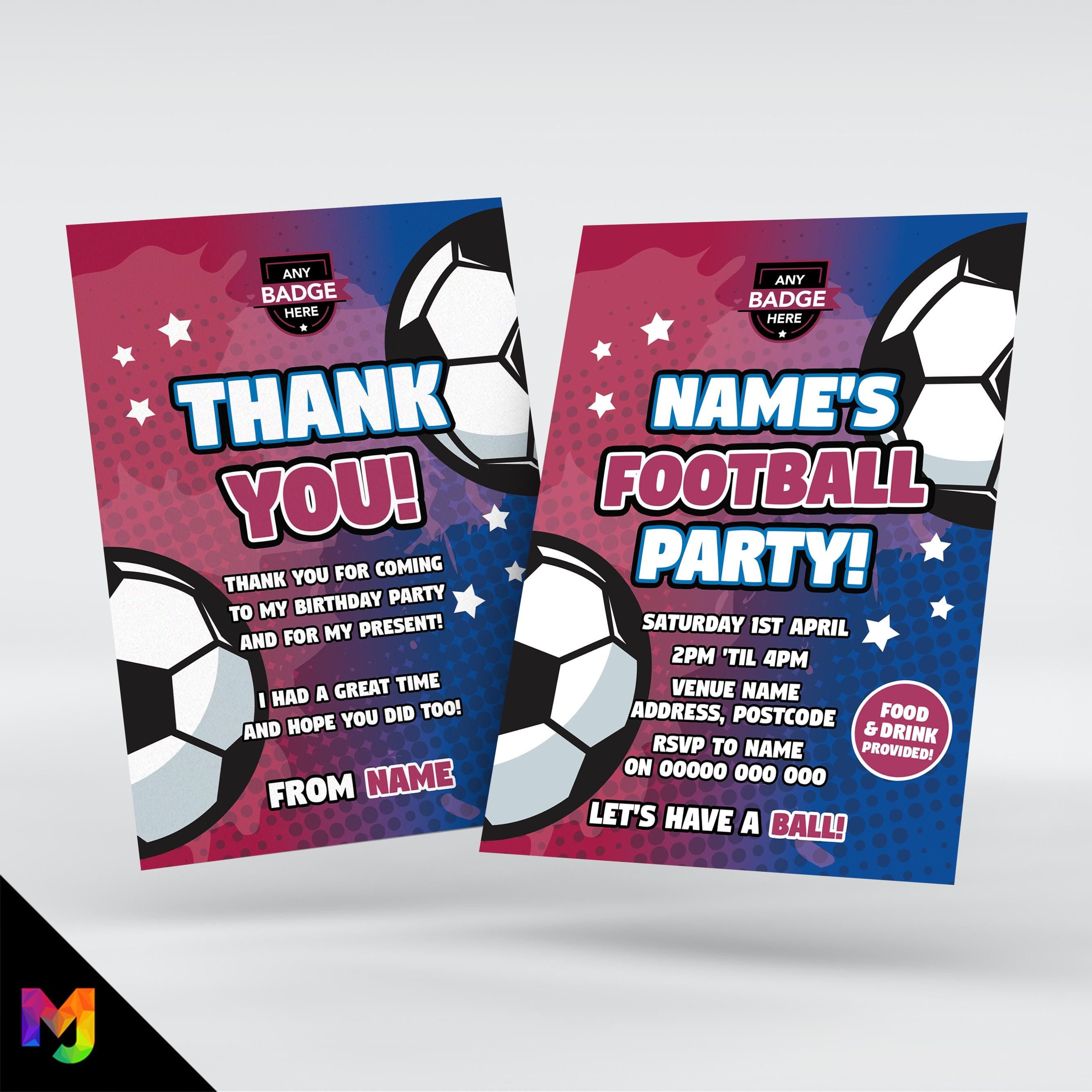 Personalised maroon blue football style party Invitations Invites + thank you cards | Any colours!
