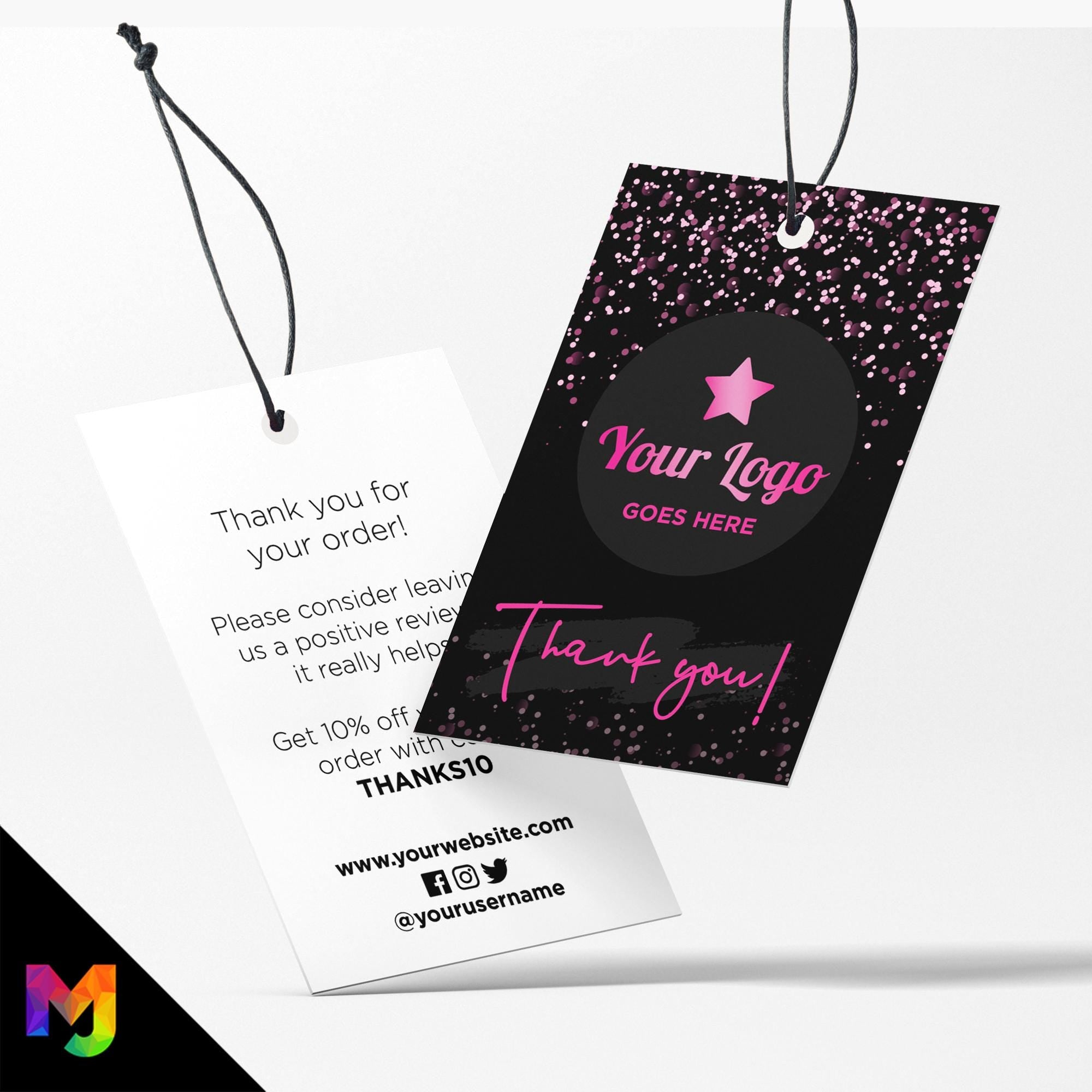 Custom printed thank you swing tags cards | Black hot pink glitter modern style design