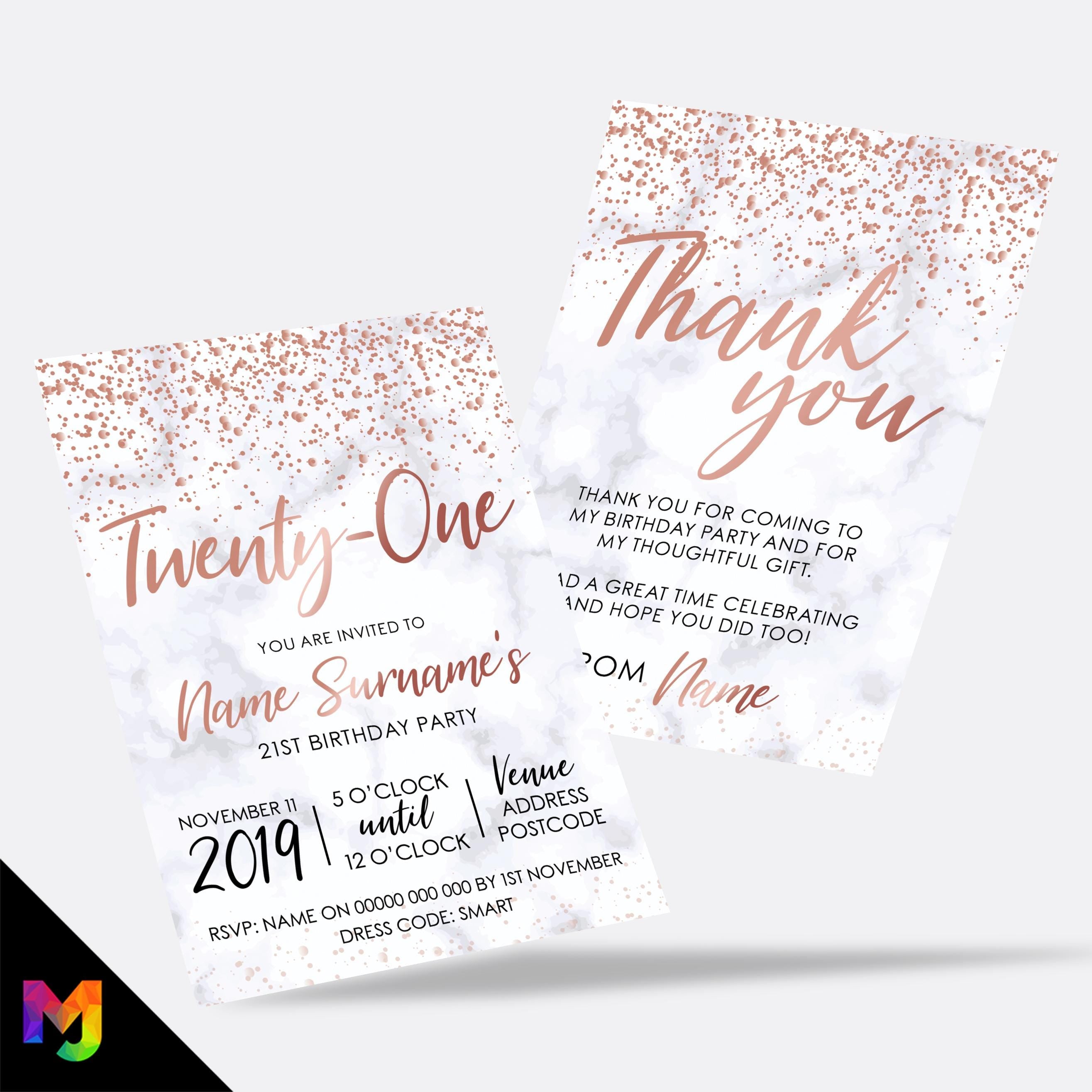 Personalised 21st birthday party Invitations Invites | Marble rose gold glitter modern design