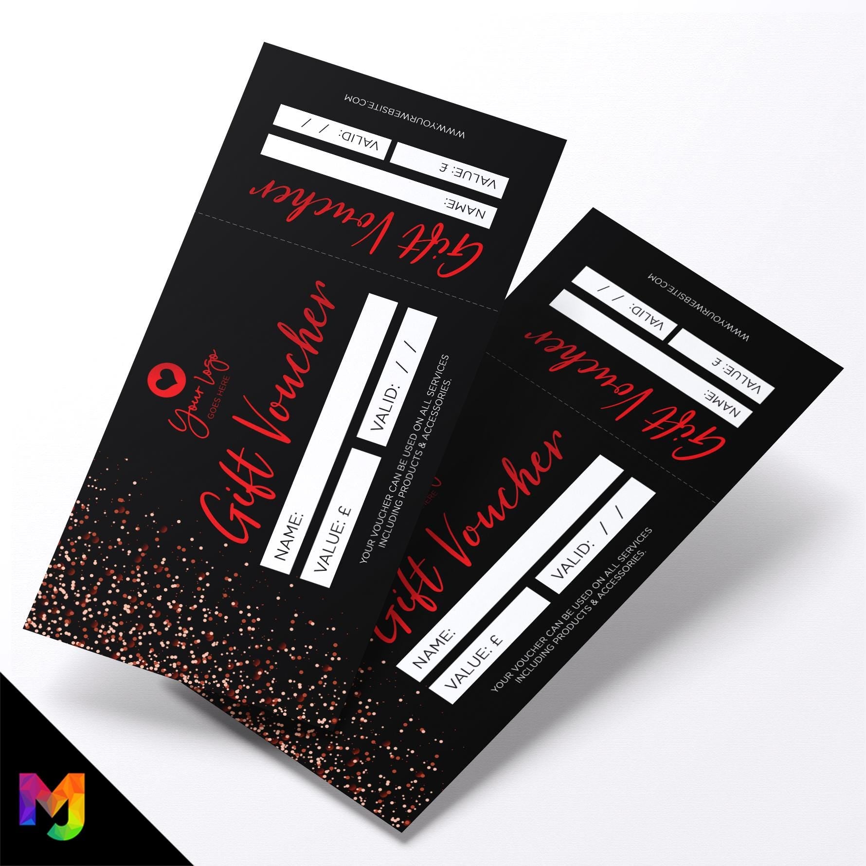 Custom printed gift vouchers | Perforated stubs | Black red glitter style modern fancy professional