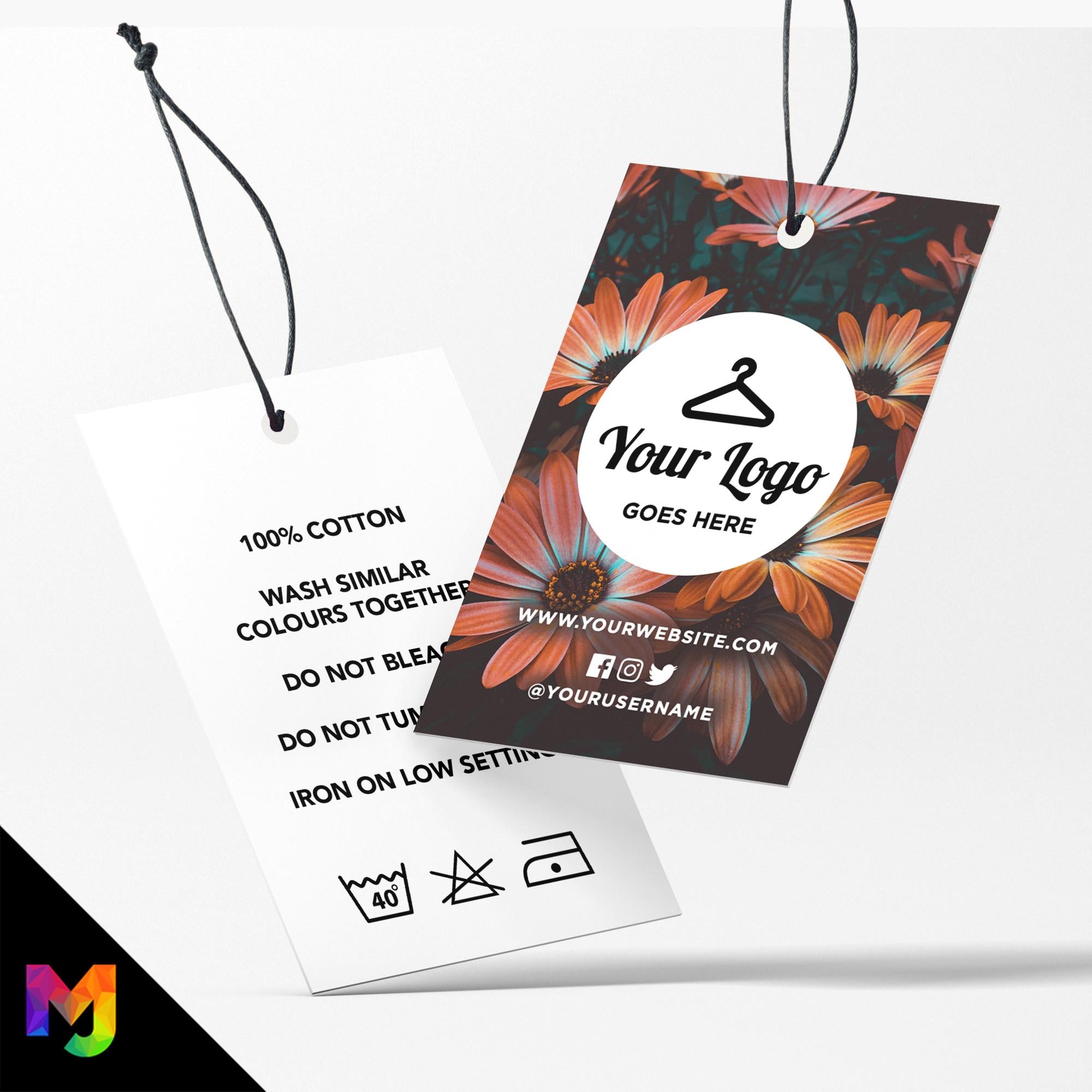 Custom printed clothing swing tags cards | Orange dark floral flowers feminine design
