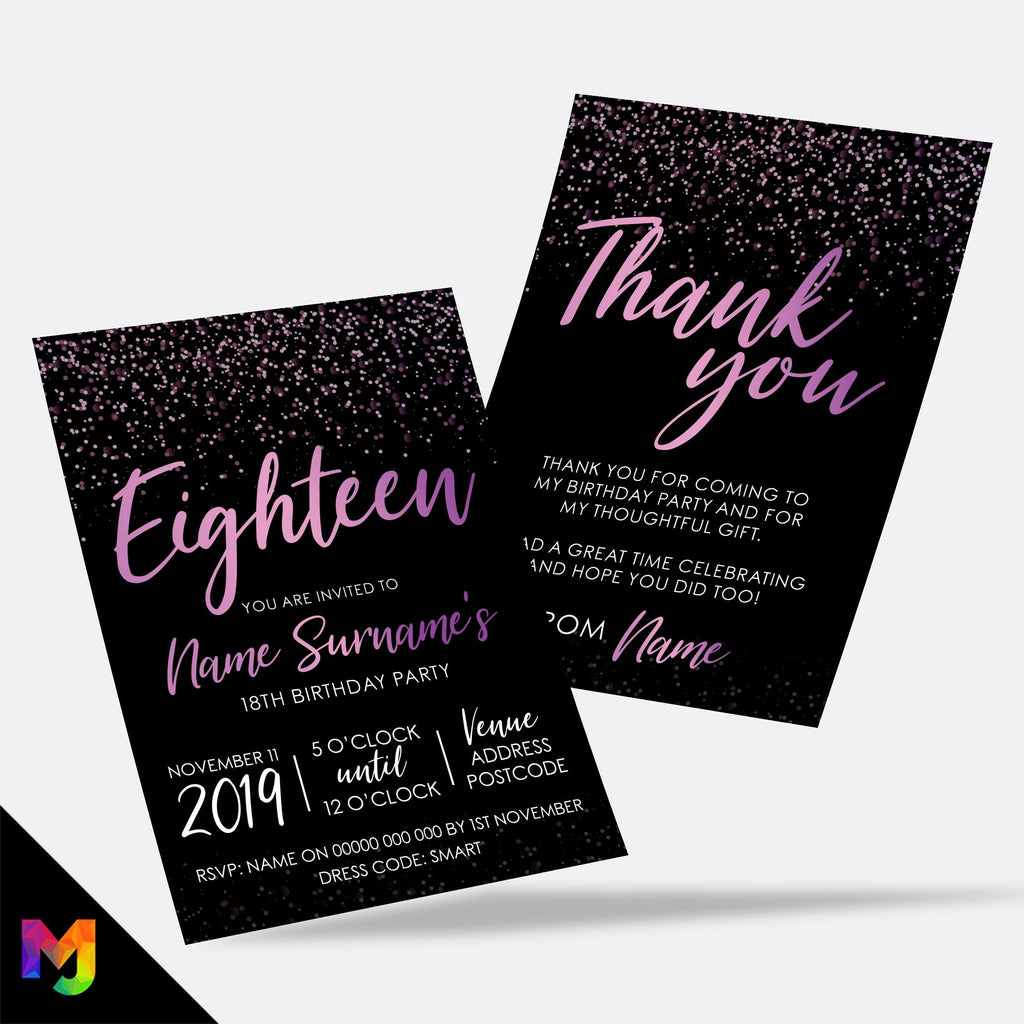 Personalised 18th birthday party Invitations Invites | Black purple pink glitter style modern design