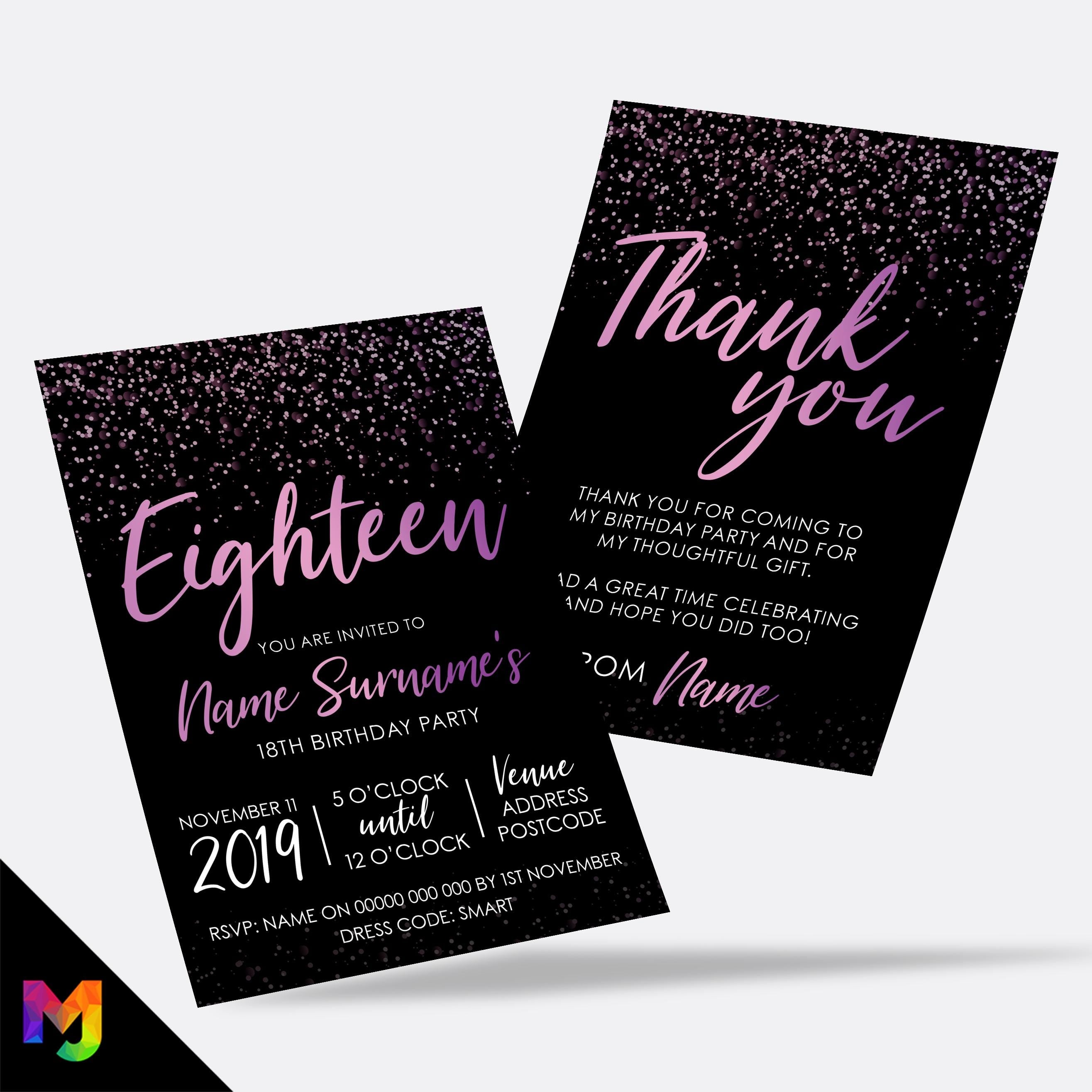 Personalised 18th birthday party Invitations Invites | Black purple pink glitter style modern design