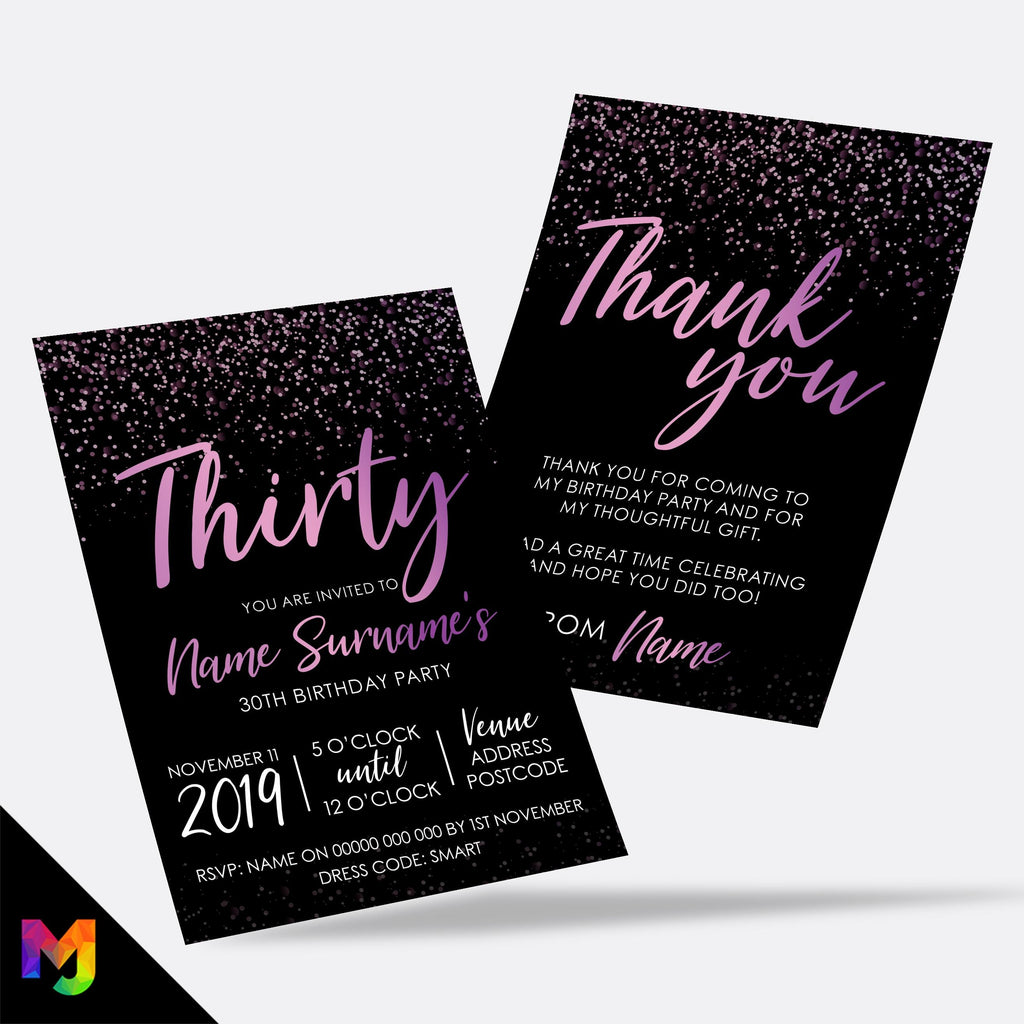 Personalised 30th birthday party Invitations Invites | Black purple pink glitter style modern design