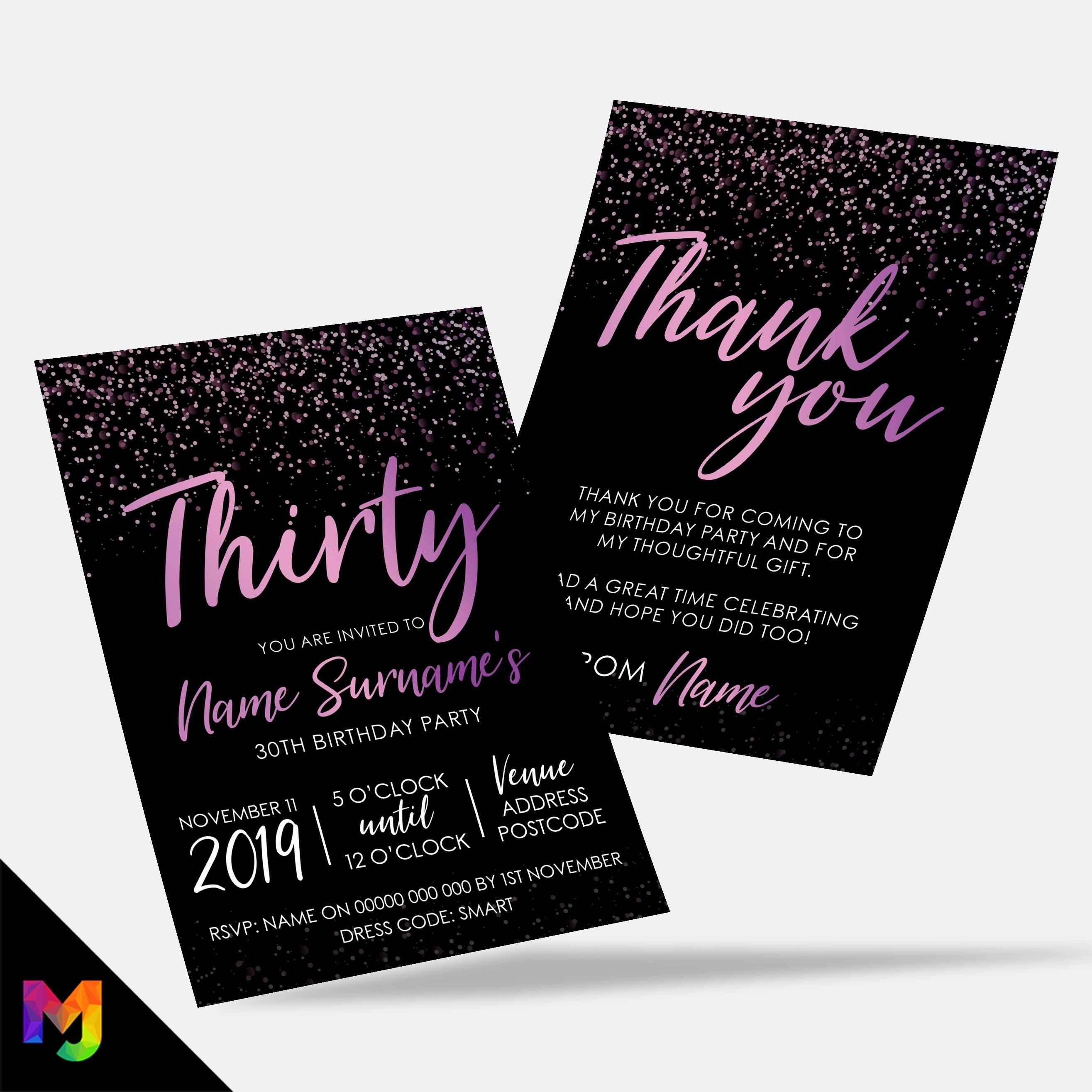 Personalised 30th birthday party Invitations Invites | Black purple pink glitter style modern design