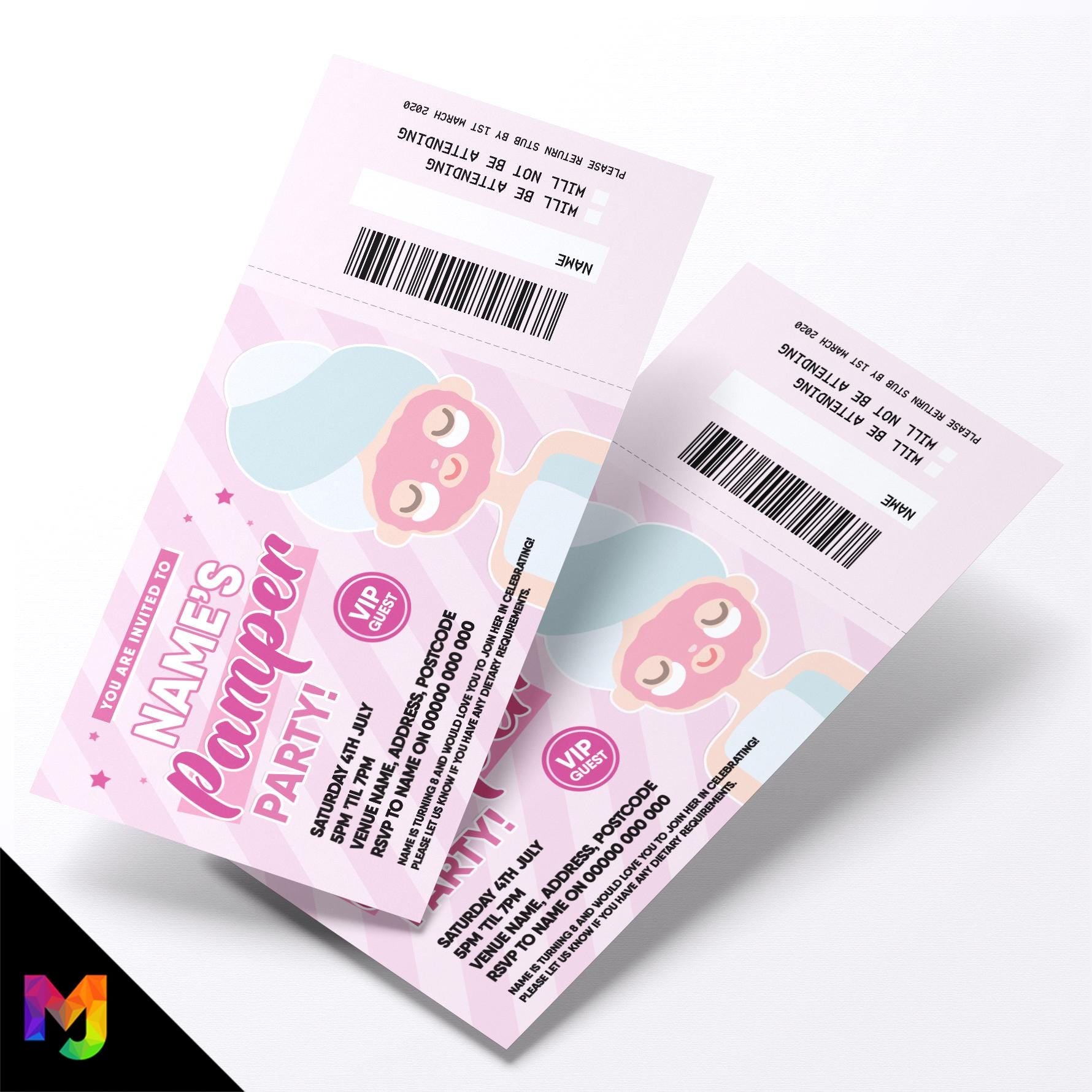 Personalised pamper party ticket style birthday Invitations Invites | Perforated