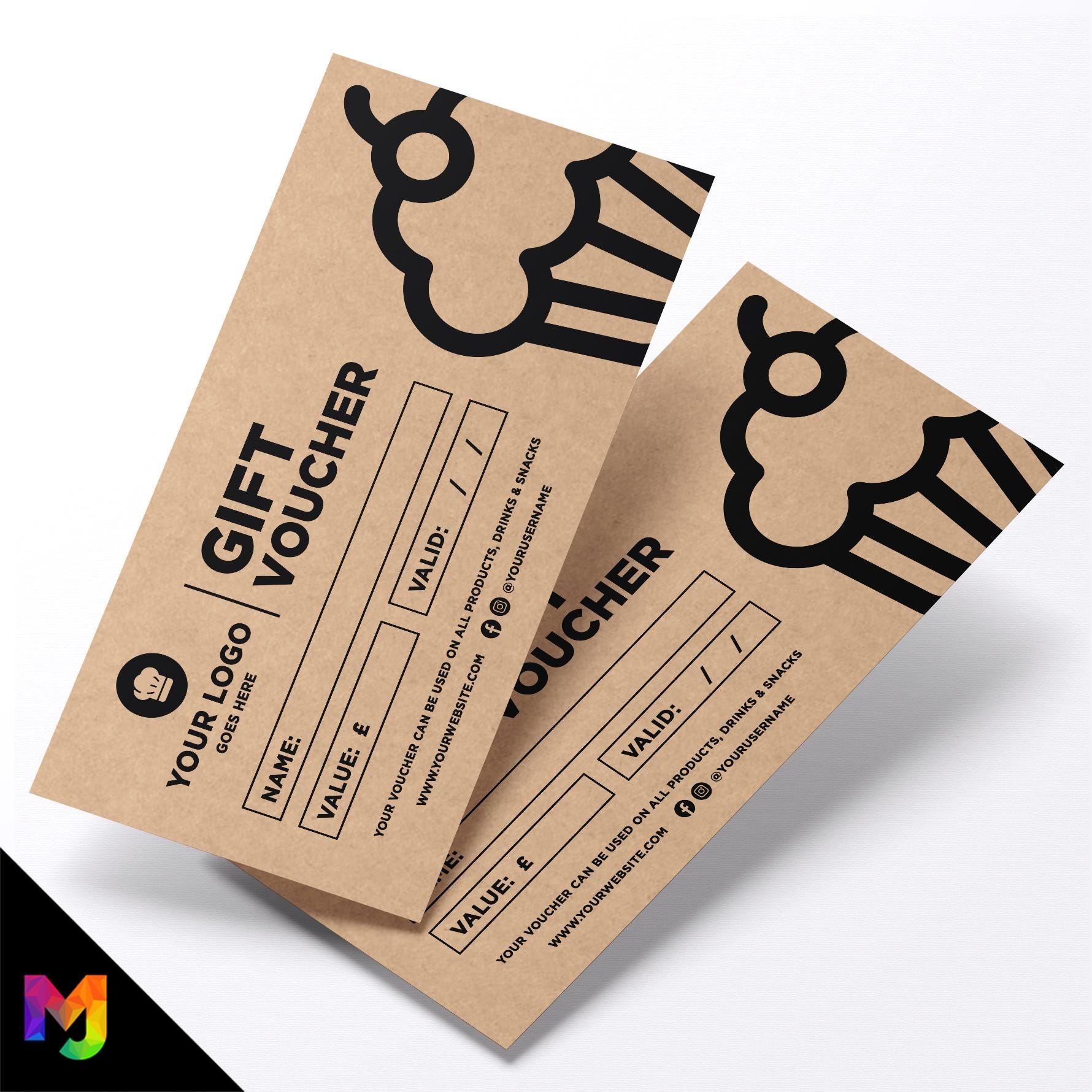 Custom printed kraft gift vouchers | Eco-friendly recycled | Chef Food Bakery Cake Design 3