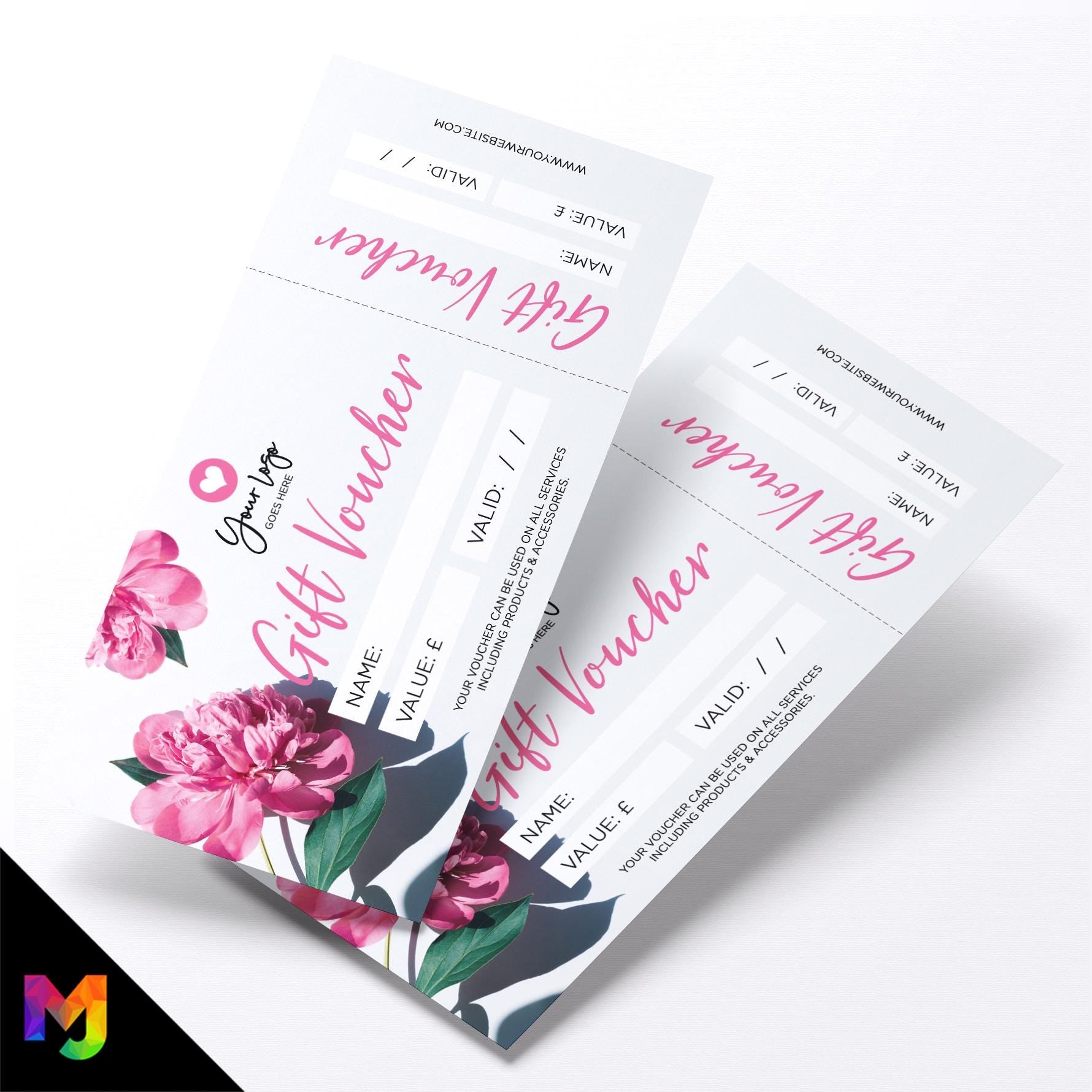 Custom printed gift vouchers | Perforated stubs | Pink floral generic modern design rose flower cute elegant