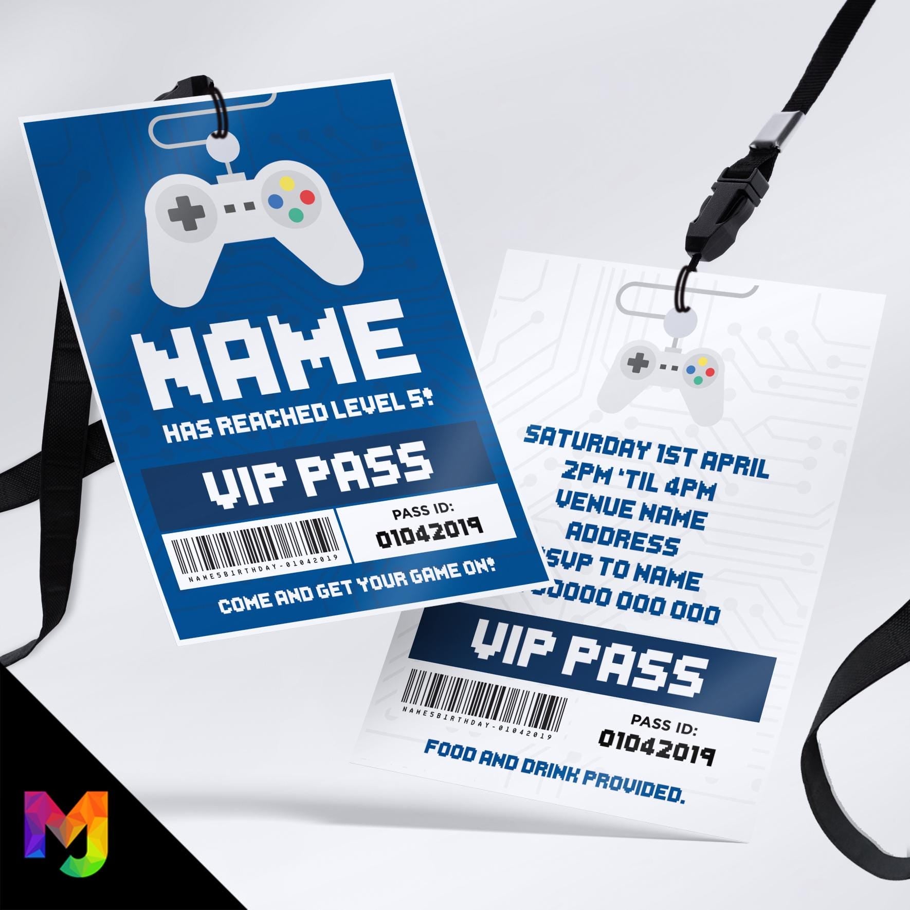 Personalised gaming controller style VIP pass & lanyard Invitations Invites | Blue gamer game battle