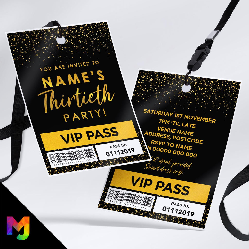 Personalised 30th birthday style VIP pass & lanyards | Gold black glitter design | ANY AGE!
