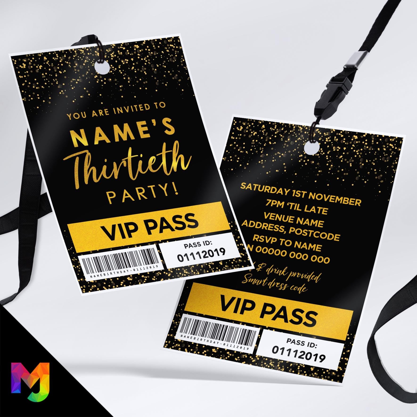 Personalised 30th birthday style VIP pass & lanyards | Gold black glitter design | ANY AGE!