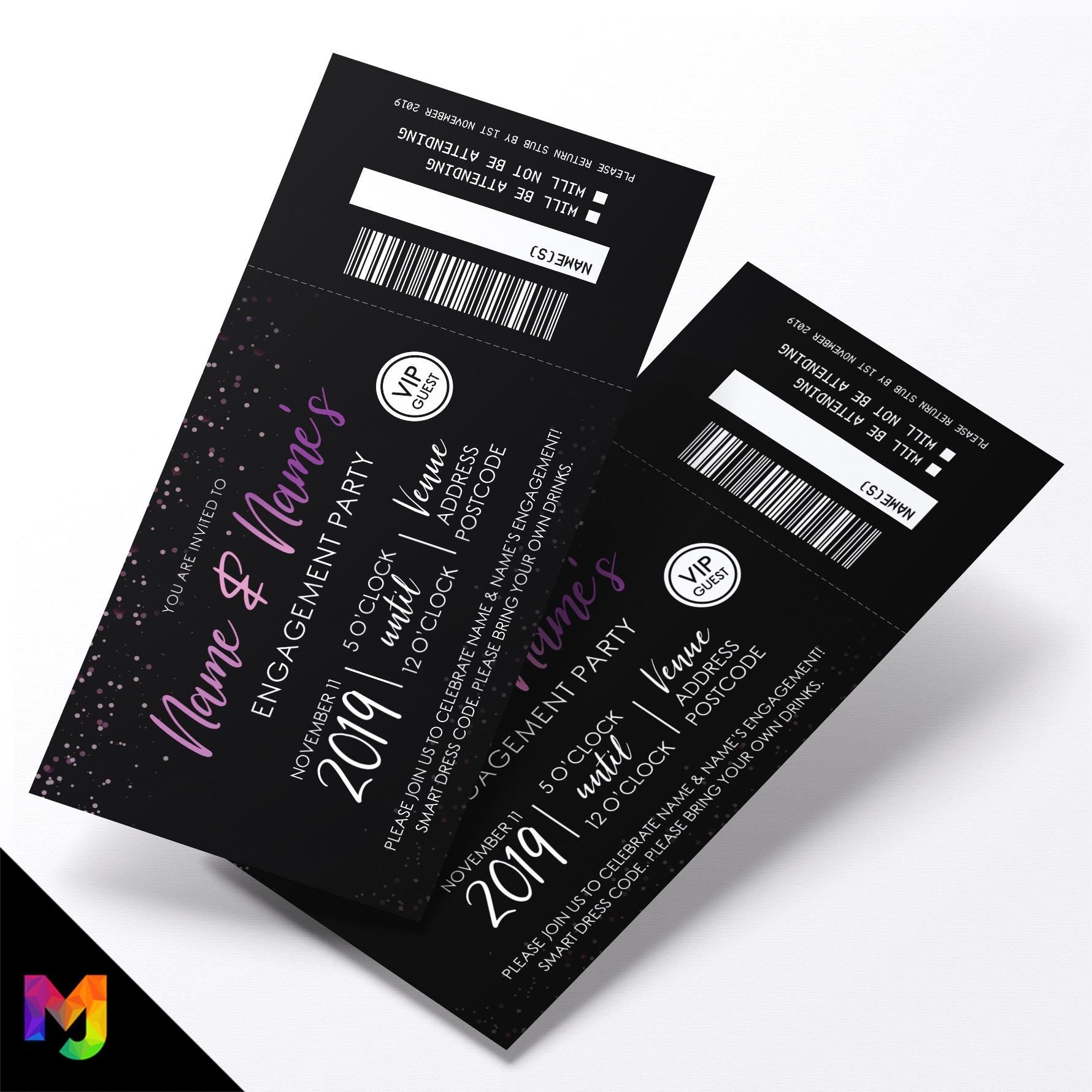 Personalised engagement party black purple glitter ticket style Invitations Invites | Perforated