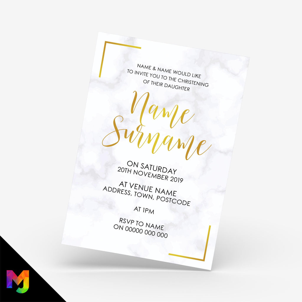 Personalised christening invitations invites | Gold marble kids baby elegant modern design 1