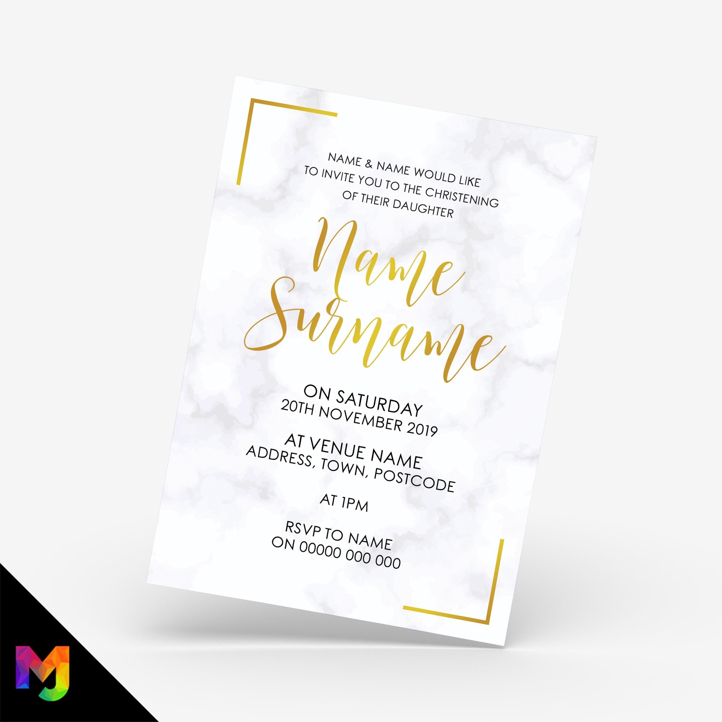 Personalised christening invitations invites | Gold marble kids baby elegant modern design 1