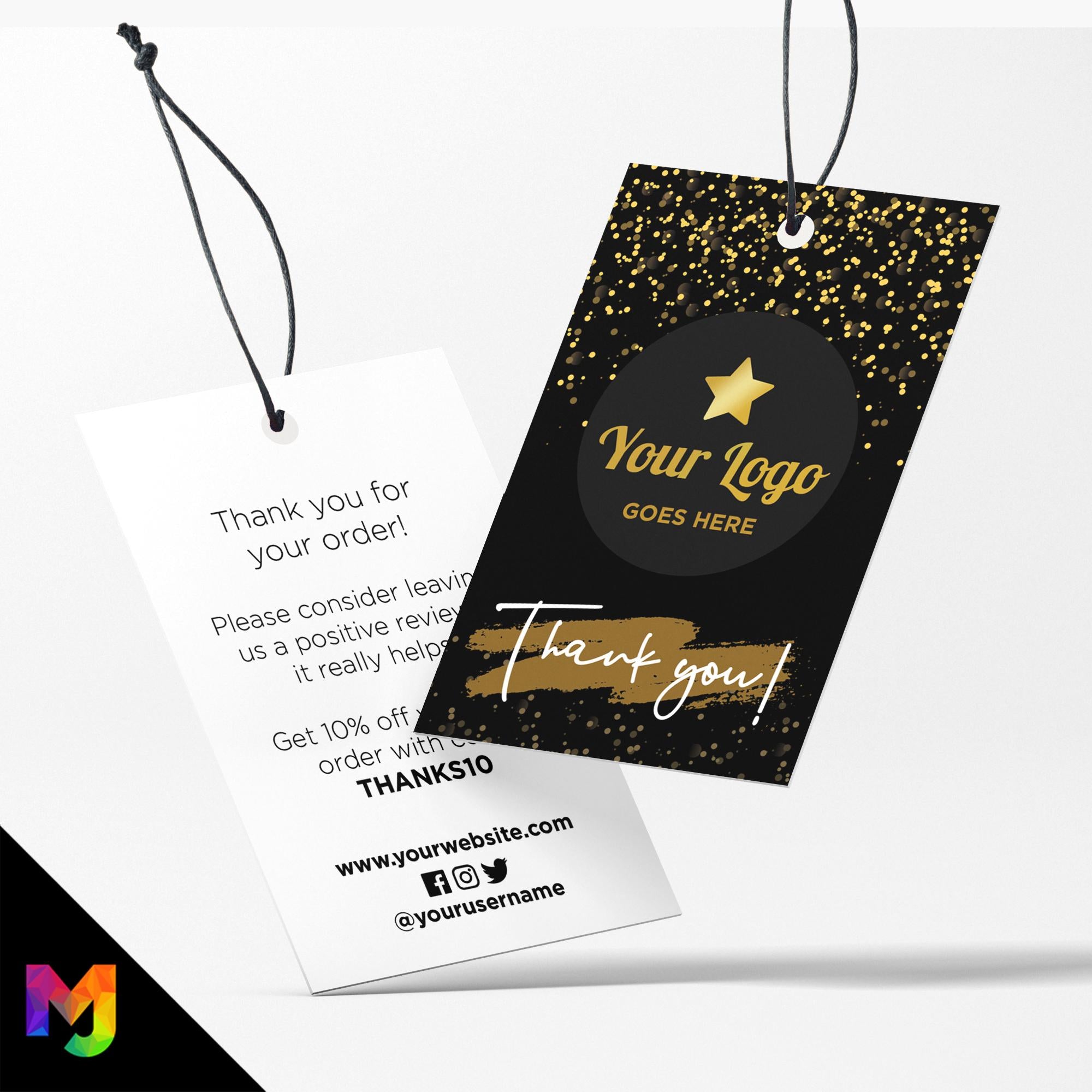 Custom printed thank you swing tags cards | Black gold glitter modern style design