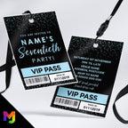 Personalised 70th birthday style VIP pass & lanyards | Blue black glitter design | ANY AGE!