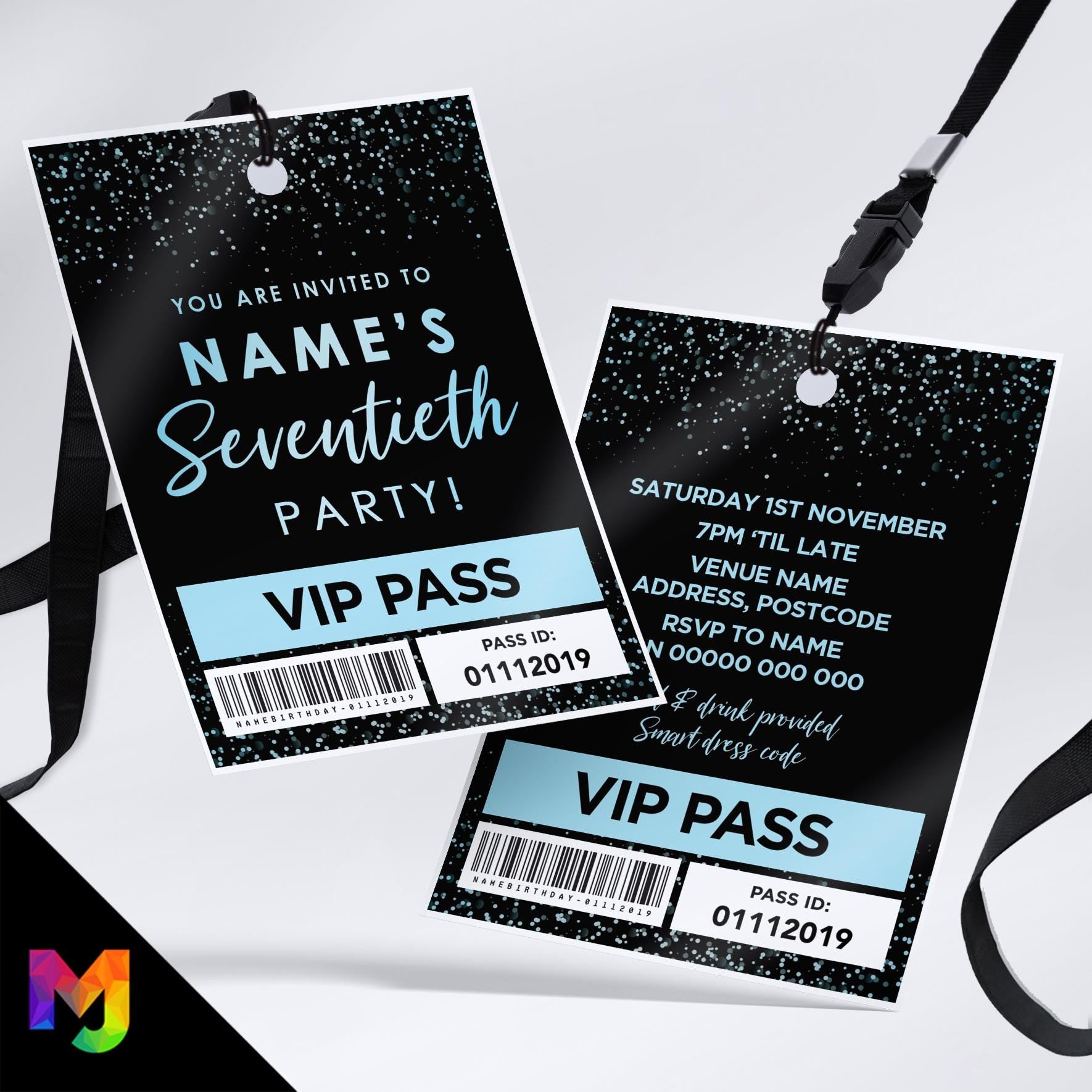 Personalised 70th birthday style VIP pass & lanyards | Blue black glitter design | ANY AGE!