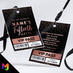 Personalised 50th birthday style VIP pass & lanyards | Rose gold black glitter design | ANY AGE!