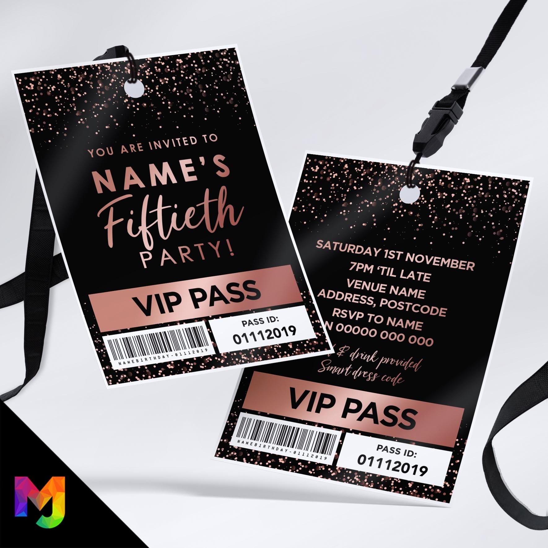 Personalised 50th birthday style VIP pass & lanyards | Rose gold black glitter design | ANY AGE!
