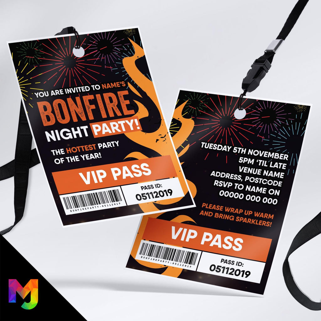 Personalised bonfire firework night style VIP pass & lanyard Invitations Invites
