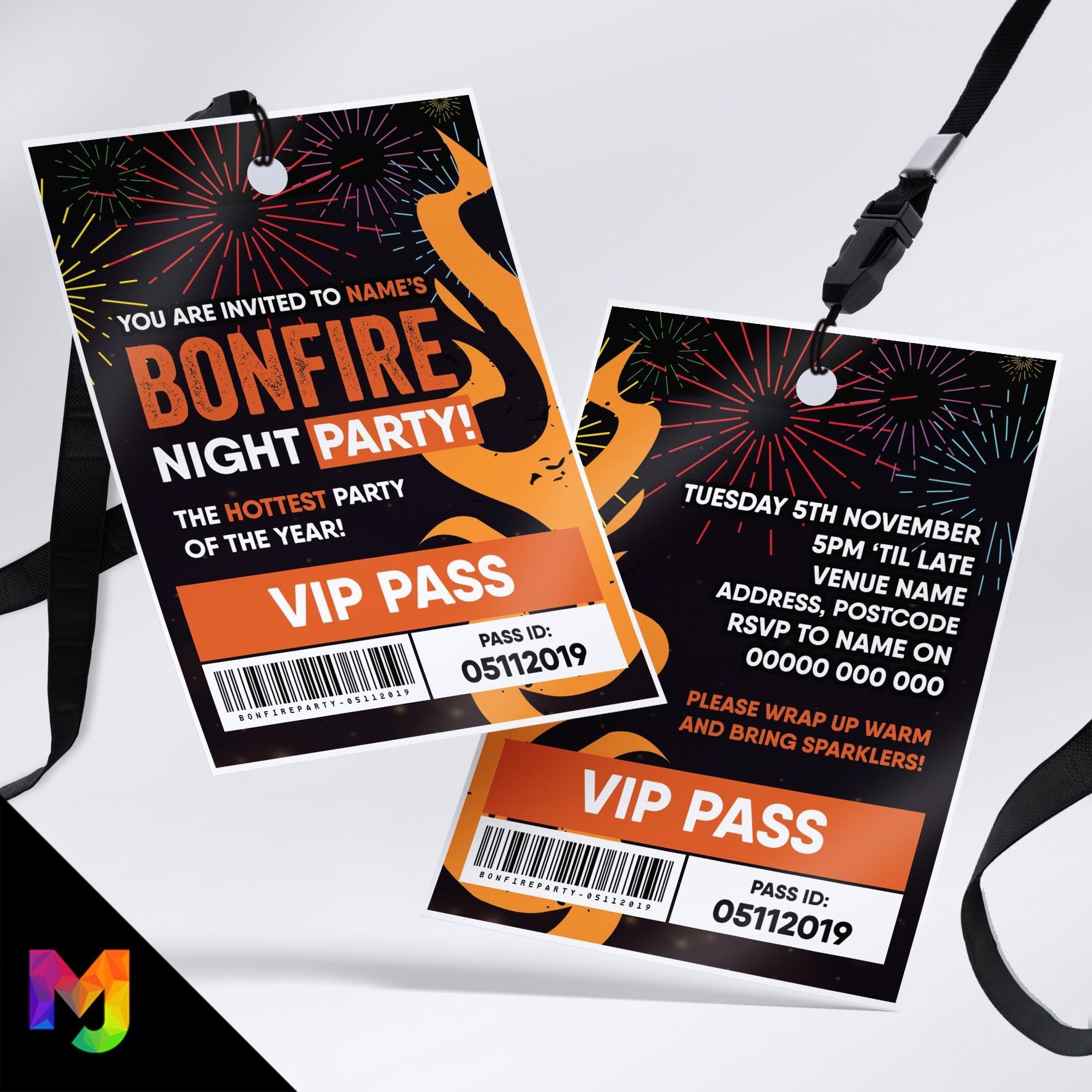 Personalised bonfire firework night style VIP pass & lanyard Invitations Invites