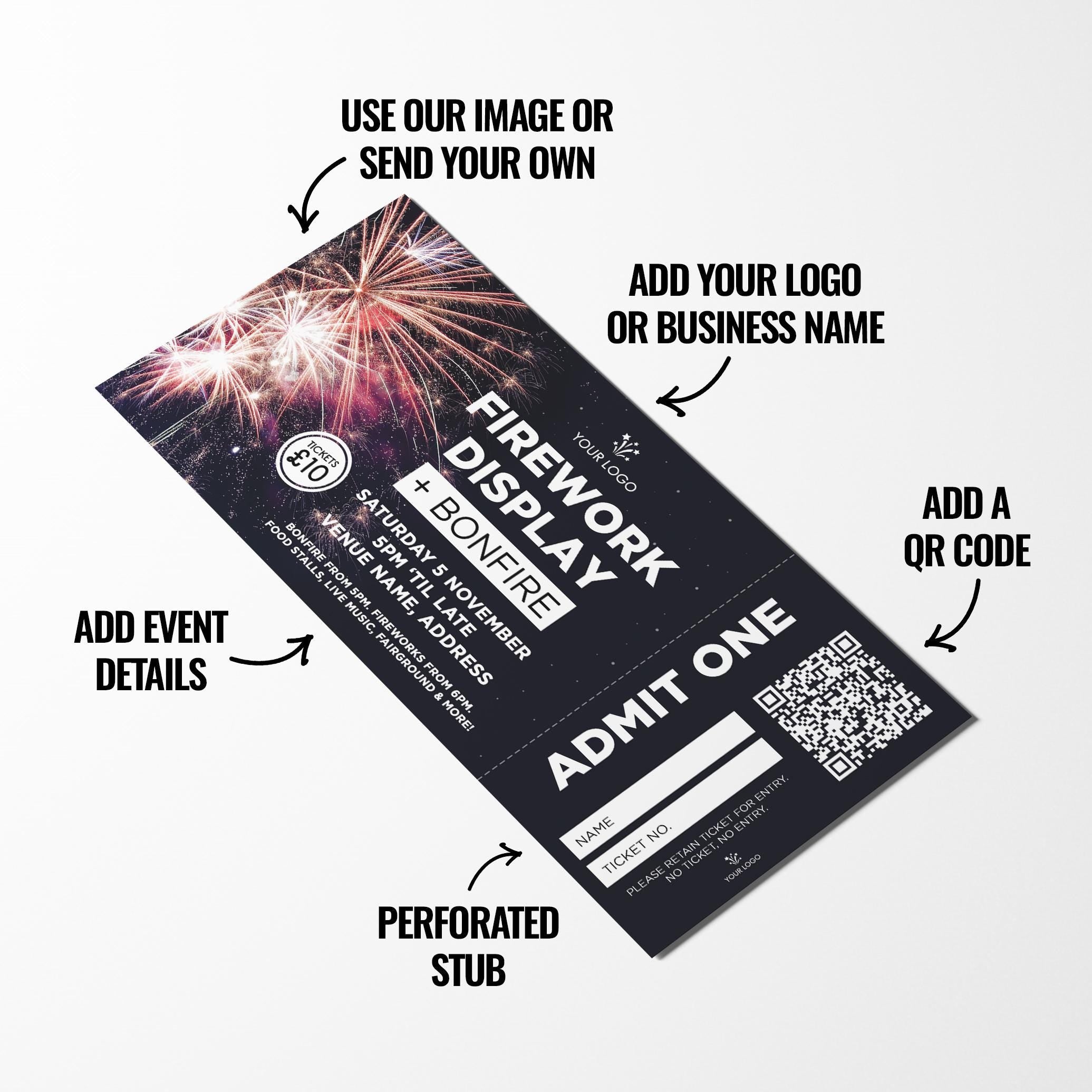 Custom printed Firework Bonfire night tickets | Perforated stubs | Fire flame party